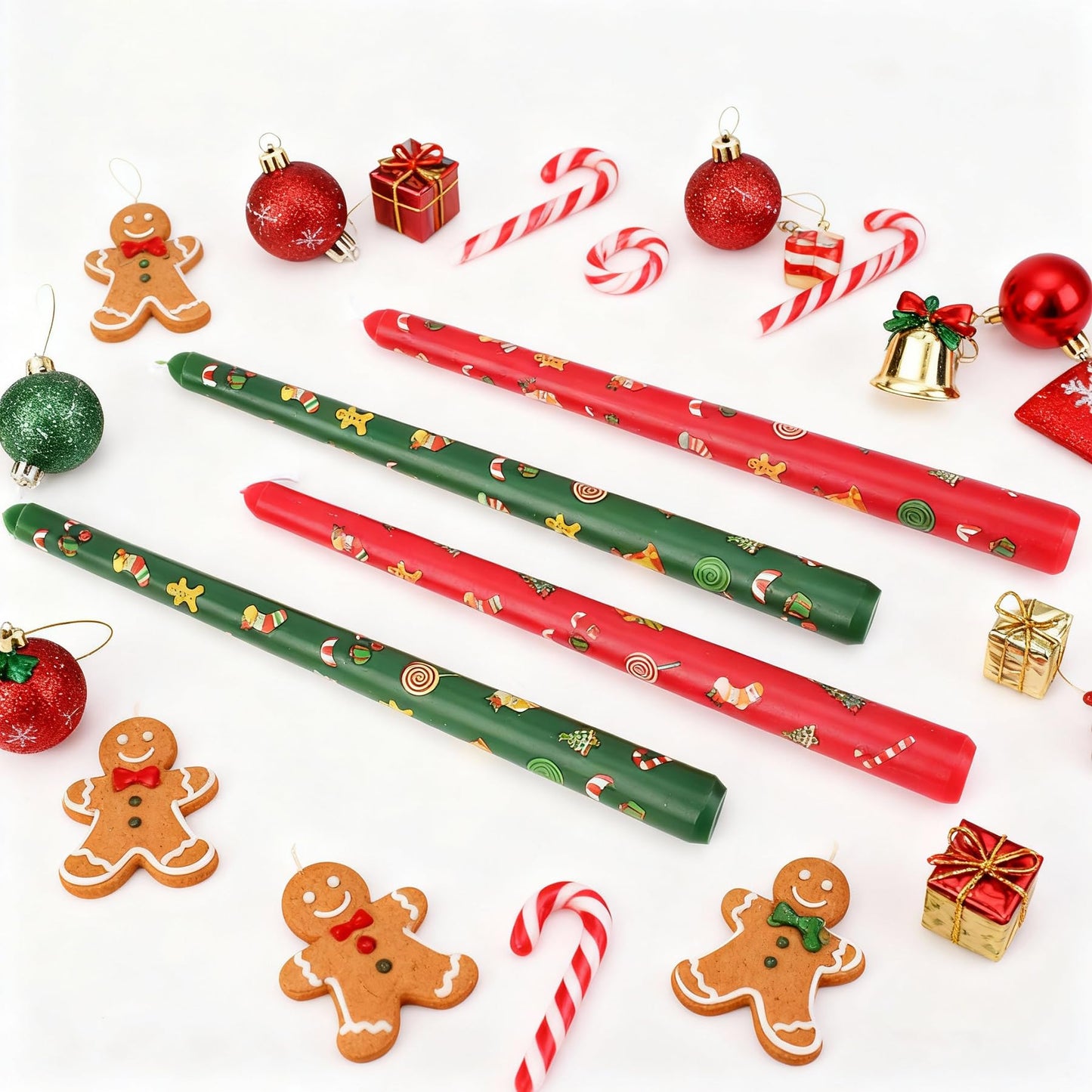 W&LESVAGO 10 Inch Christmas Print Taper Candles Set of 4, Hand-Printed Trees/Bell Patterns, Unscented Long Candlesticks for Dinner Tables & Festive Decorations