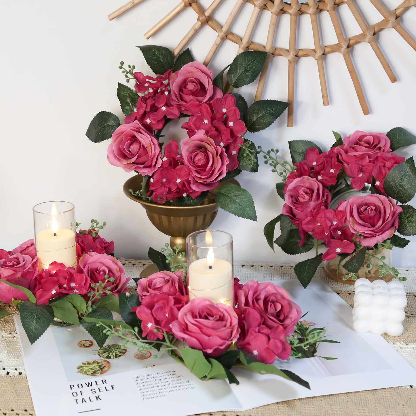 UUXX 4PCS Candle Rings for Pillars, Silk Roses Hydrangea Artificial Flowers Candle Wreaths Rings for Table Centerpieces Wedding Valentine's Day Party Decor(Hot Pink)