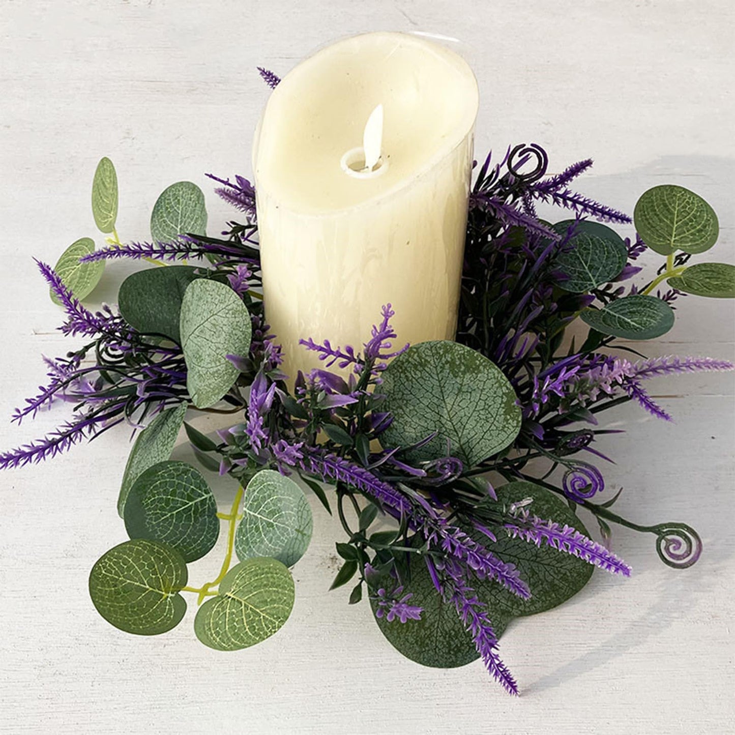 2Pcs Candle Rings Wreaths 3 Inch Center Spring Artificial Eucalyptus Lavender Candle Holder 10" Small Boho Wreath for Easter Wedding Summer Holiday Home Kitchen Table Centerpiece