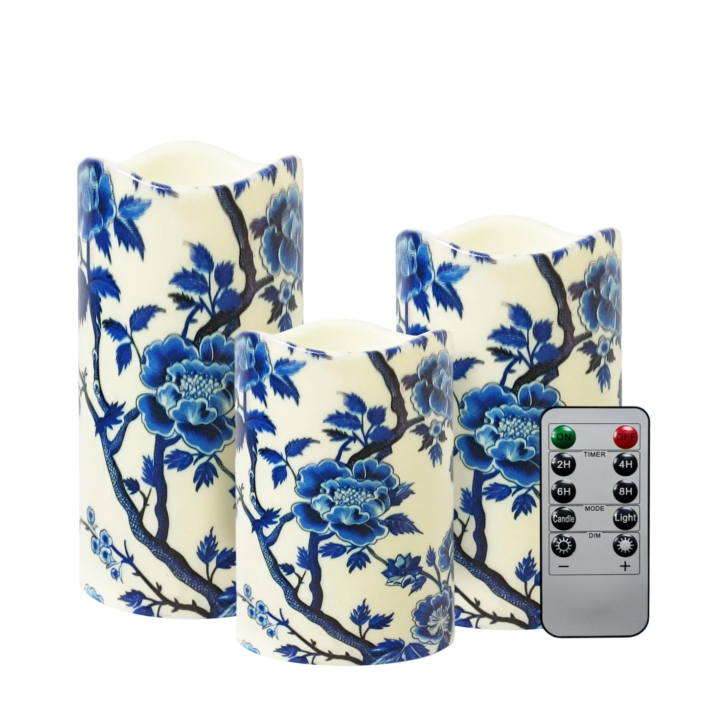 NjaoHoo Flameless Candles 4" 5" 6" Set of 3 Indoor Outdoor Pillars Battery Operated Flickering Candles Include 10-Key Remote Timer Function 500+ Hours (Blue Floral Printed)