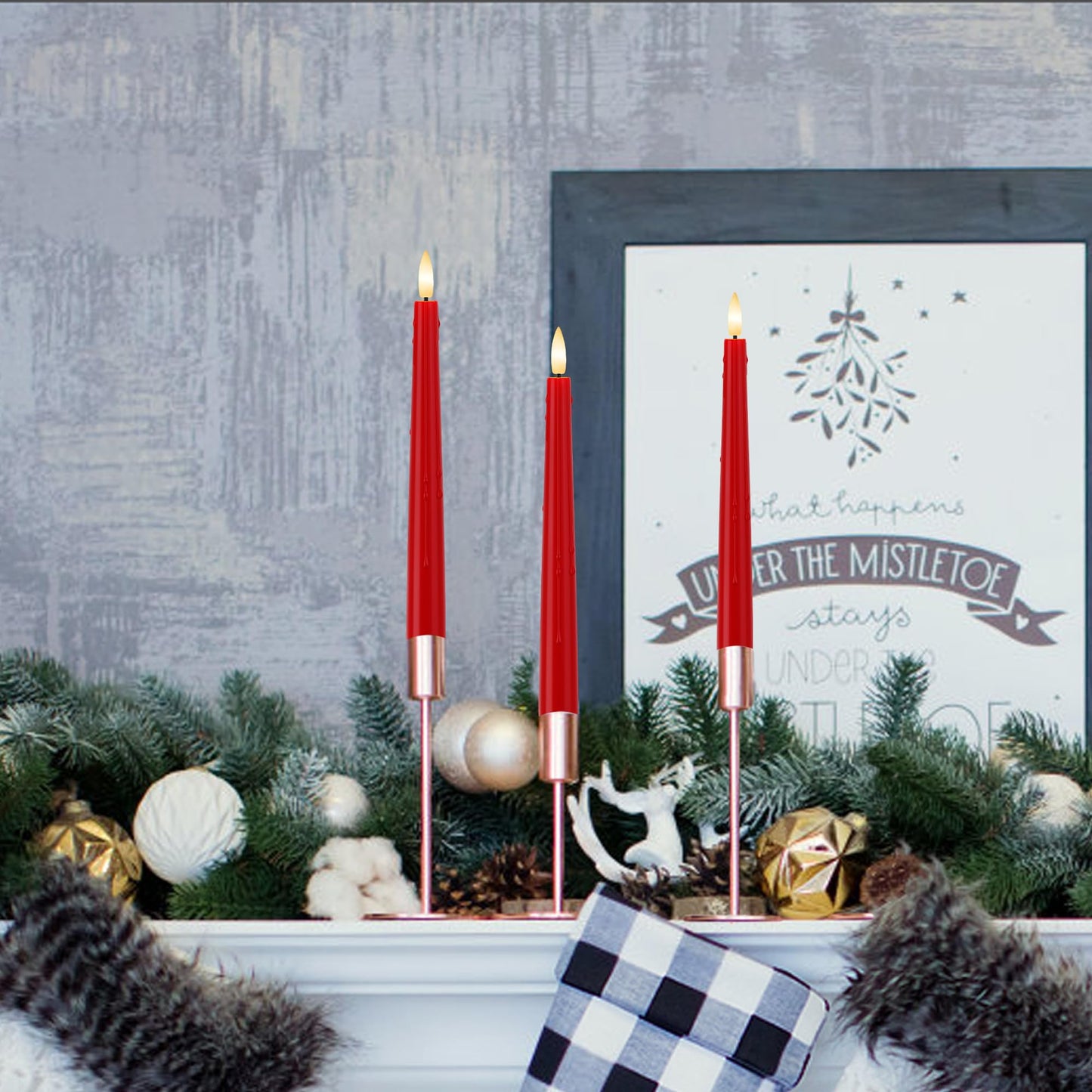 Red Flameless Taper Candles 9.6" Christmas LED Candles Real Wax with Remote Timer, Battery Operated LED Candles Set with 3D Flickering Flame, Classic Flickering Candlesticks for Home, Party, 3 Pack