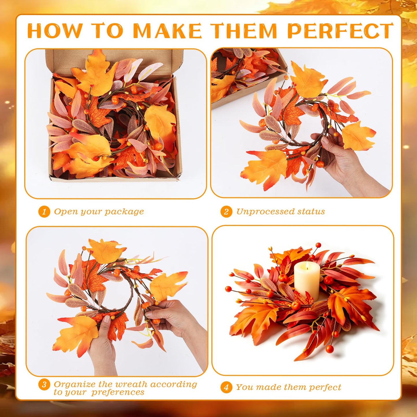 4 Pcs Mini Fall Wreaths Thanksgiving Table Centerpieces Fall Candle Rings 9 Inch Maple Leaf Wreaths for Cabinets Farmhouse Autumn Wreath for Front Door Porch Wall Window Decorations