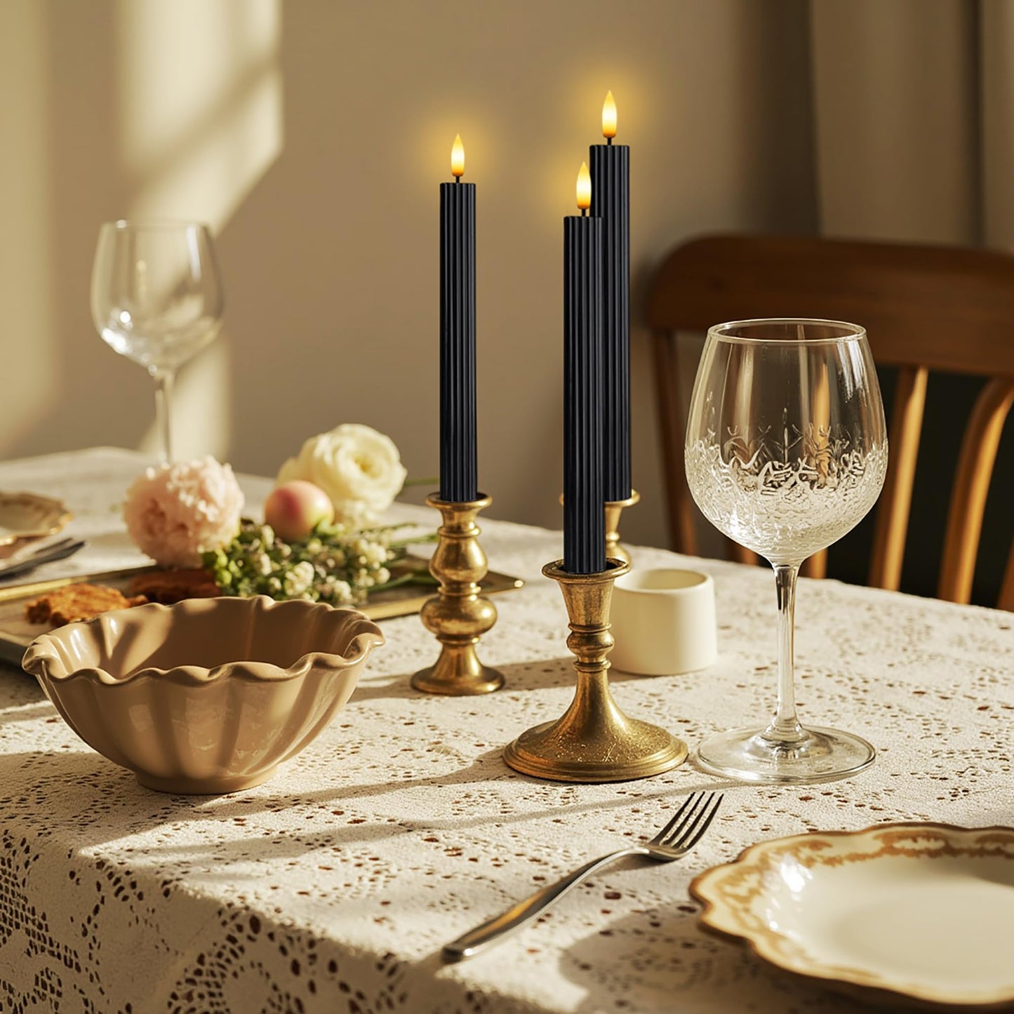 West Ivory 6 Pack, 10" LED Flameless Black Fluted Ribbed Grooved Taper Candles, Remote & 24h Timer Memory, On/Off Button, Dimmable, Flicker Mode, Battery Operated, Christmas Menorah Wedding