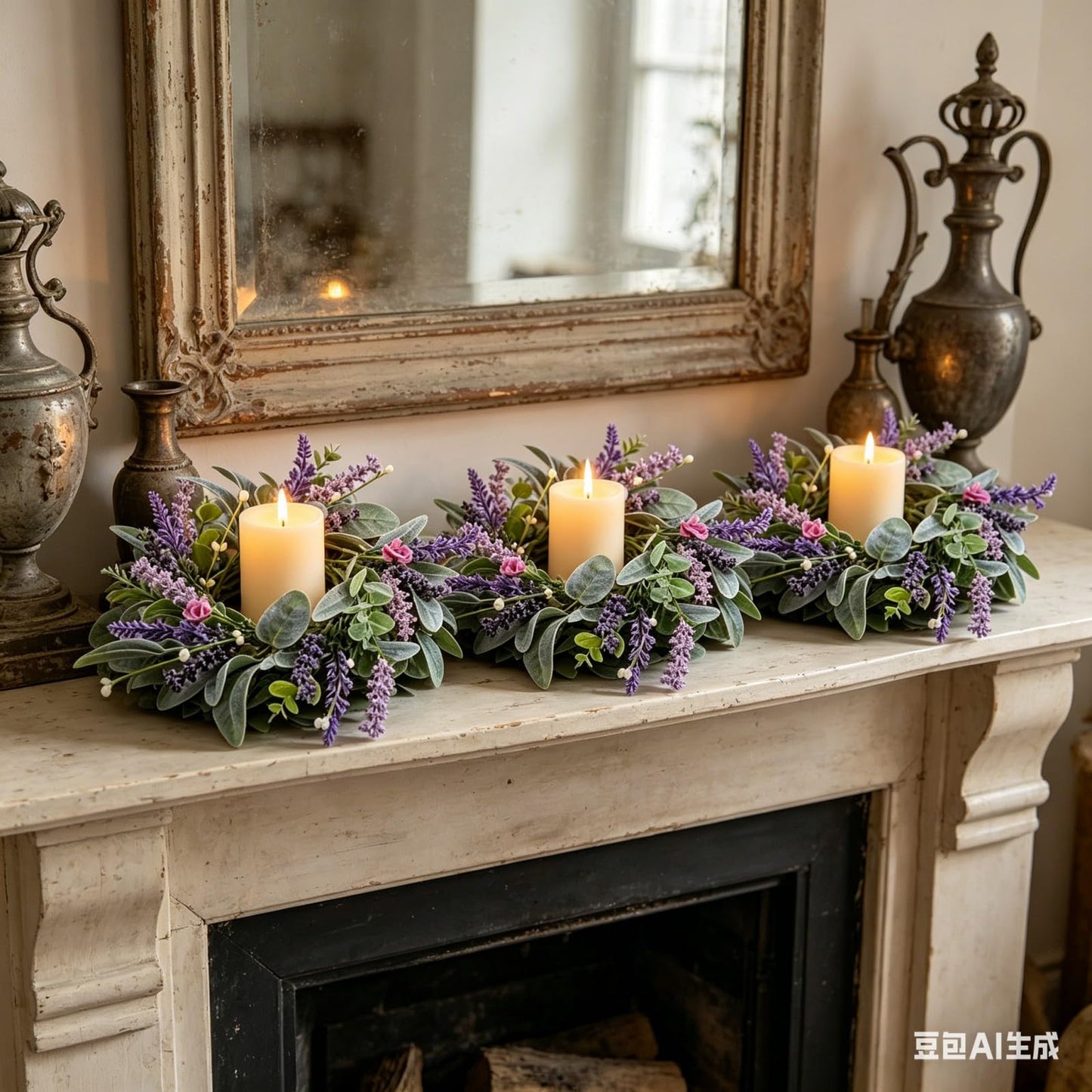 8 pcs Mini Lavender Candle Rings Wreaths Purple Daisy Pillar Holder Wreath Artificial Wild Flower Spring Summer Floral Wreath for Farmhouse Porch Cabinets Table Decoration