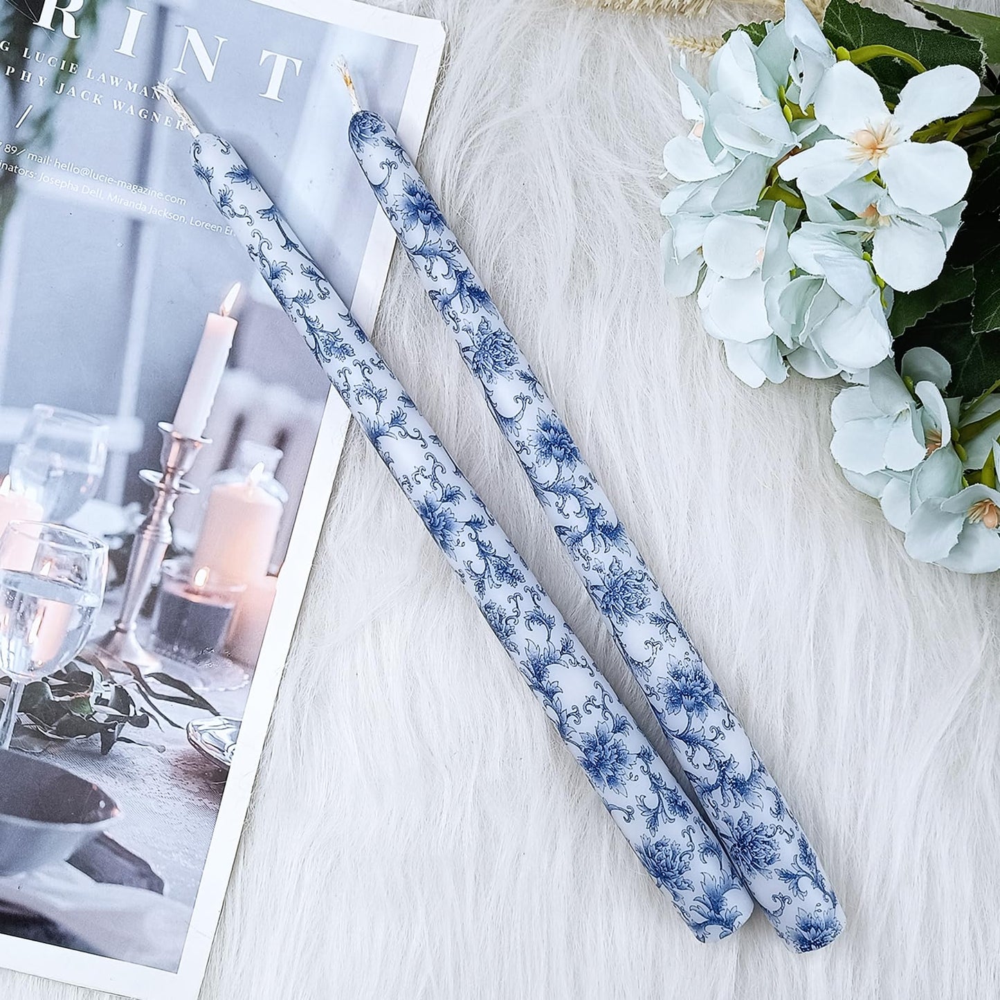 NJAO HOO Candlesticks 10 in Straight Taper Candles Hand Printing Blue and White Candlesticks Tall Tapered Candle Sticks for Home Garden Decor Simple Modern, 2Pcs