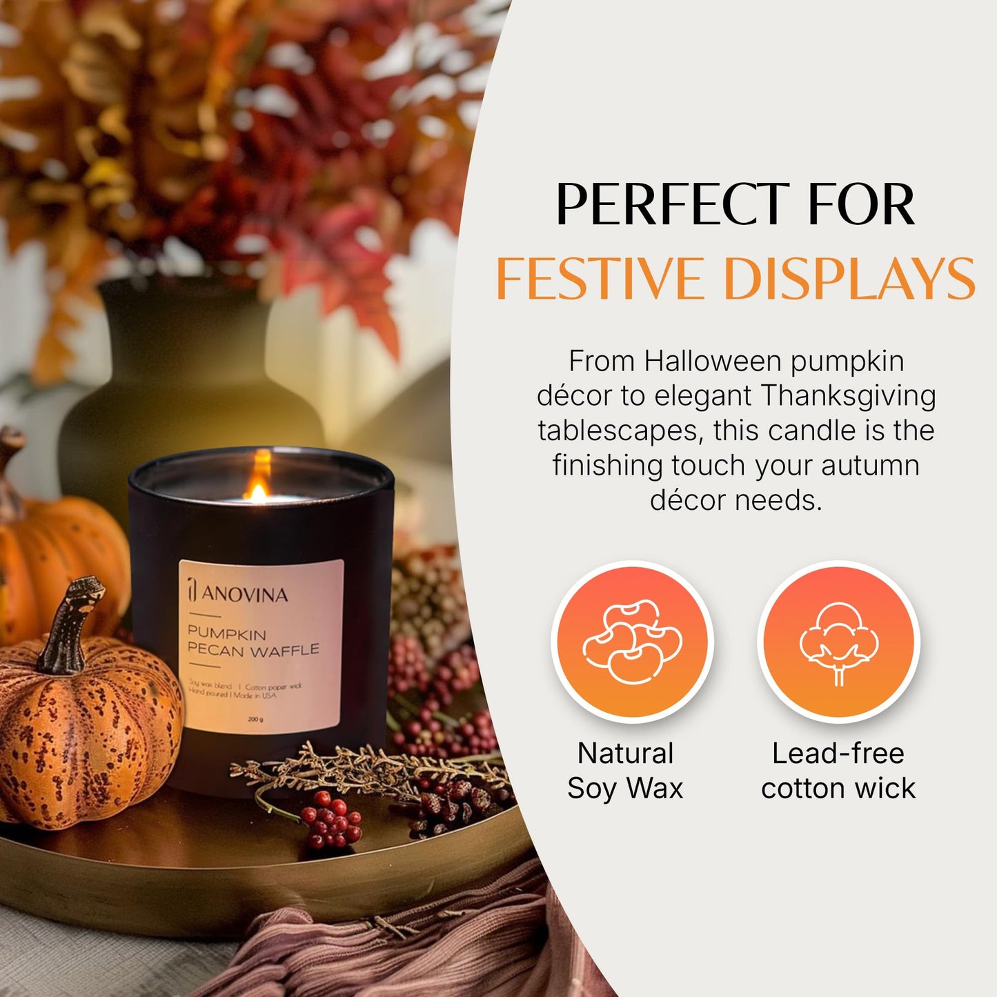 Anovina Pumpkin Candle – Fall Scented Candle with Premium Soy Wax Blend – Cozy Autumn & Holiday Gift Candle for Women and Men