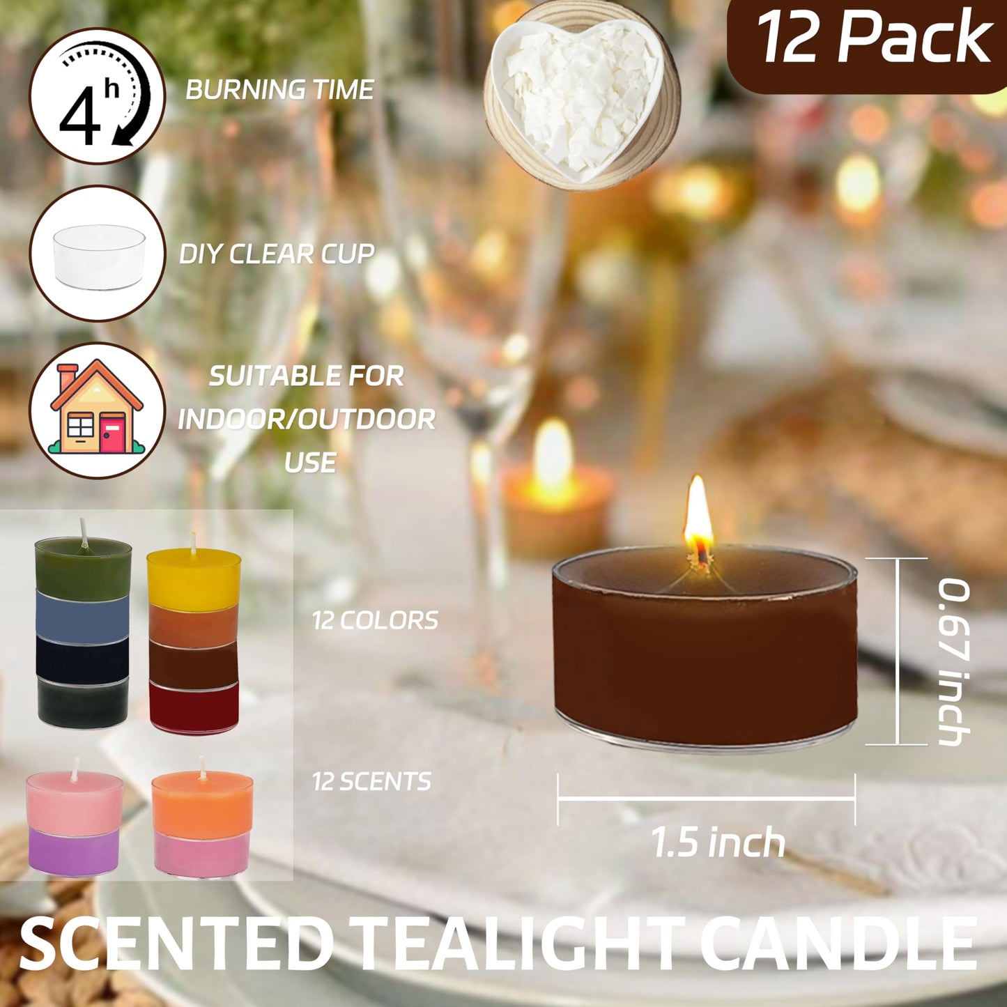 Scented Tea Candles 12 Pack Dark Color Tea Light Candles 4 Hour Clean Burning for Romantic Dinners Meditation Rooms Spa Nights Relaxation