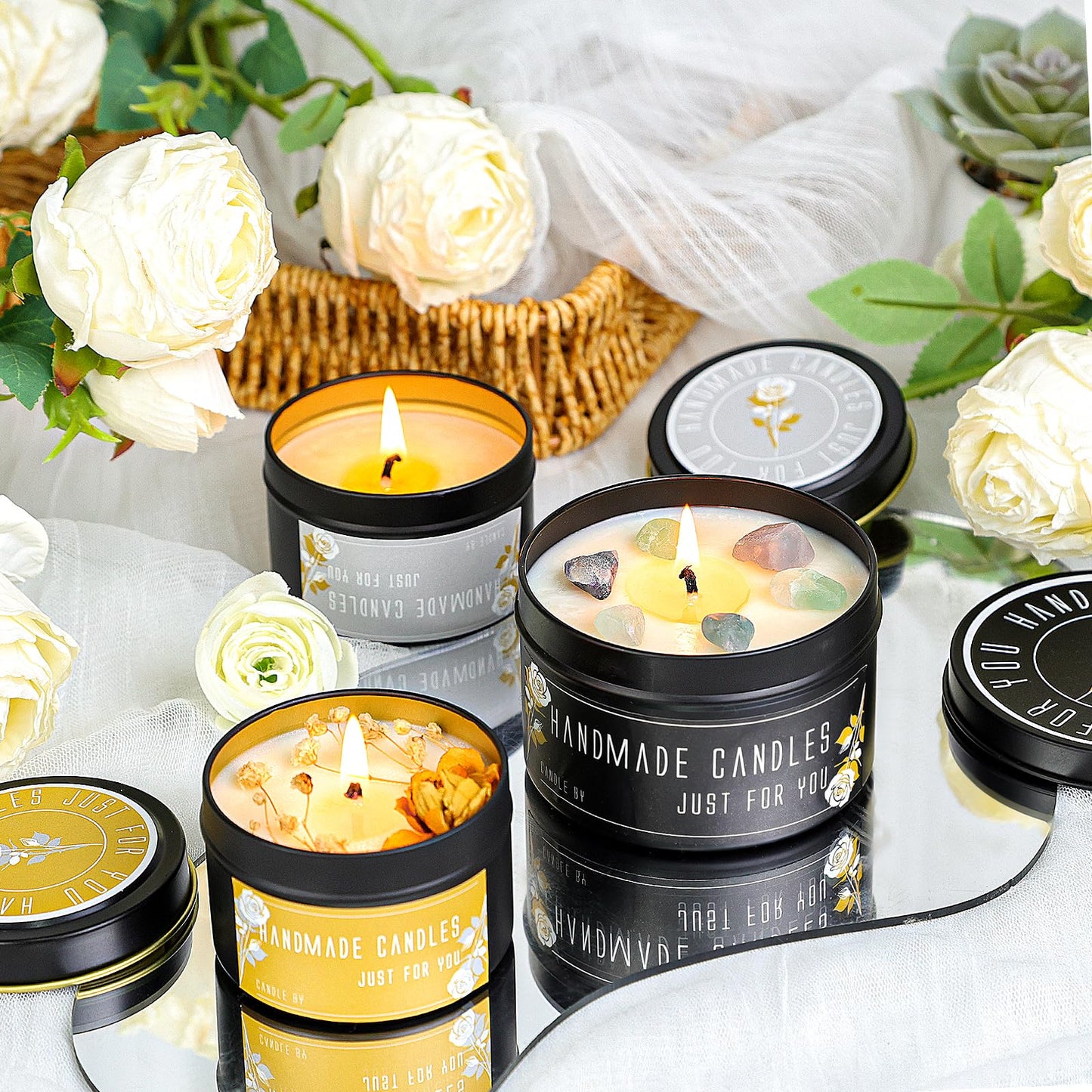CONNOO 48 Pack Candle Tins - 24pcs 8oz + 24pcs 4oz Matte Black Jars with Lids for Making Candles, Bulk Empty Containers with Sticky Warning Labels for Candle Making, Storage, and Gift