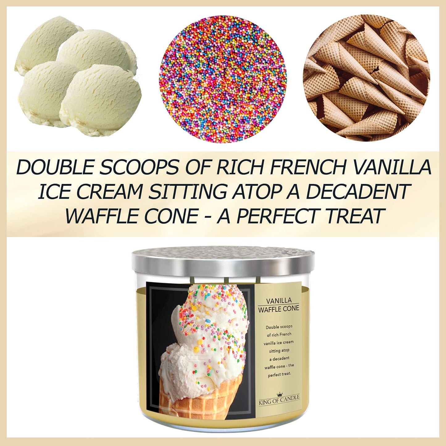 King of Candle - Vanilla Waffle Cone Candle | Large 3 Wick Highly Scented Soy Wax/Long Lasting/Vanilla Bean Ice Cream Scented Candle | 14 oz + Decorative Lid