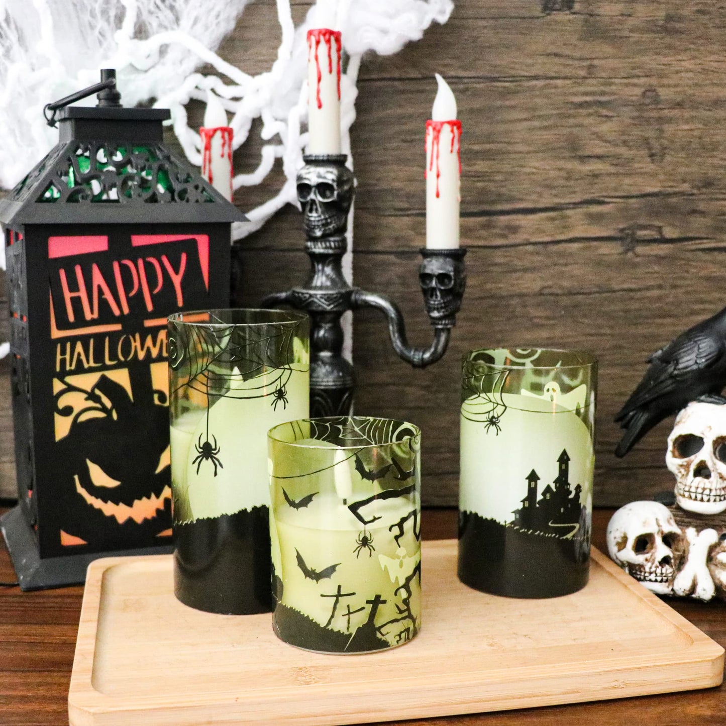 GenSwin Halloween Candles Flameless with Remote Timer, Flameless Candles with Spider Web, Ghost, Castle Decals, 3 Pack Green Glass Battery Operated Candles with 3D Flickering Flame for Fall Decor