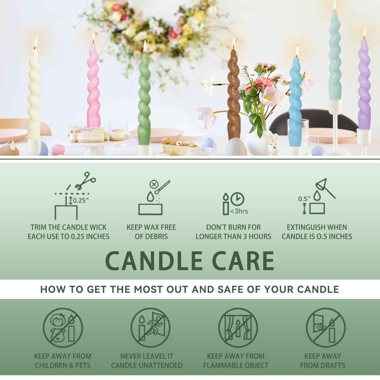 7.5 Inches Spiral Taper Candles Sage Green Twisted Candle Dripless Unscented Short Candles, Handmade Candlesticks for Wedding Dinner Decor, Set of 4