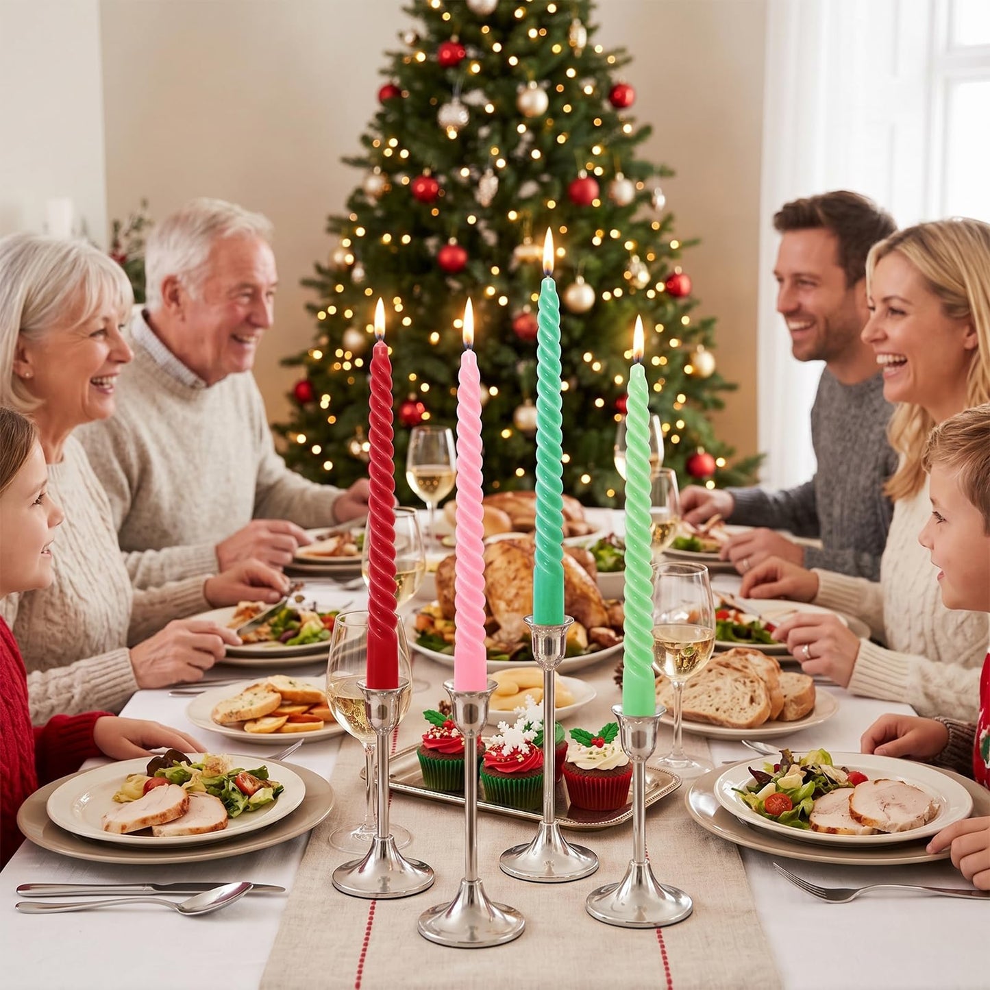 Whaline 8Pcs Christmas Spiral Taper Candles Red Green Pink Xmas Dripless Twisted Wax Candles 10 Inch Long Unscented Candle Sticks for Birthday Wedding Holiday Dinner Party Holiday Home Table Decor
