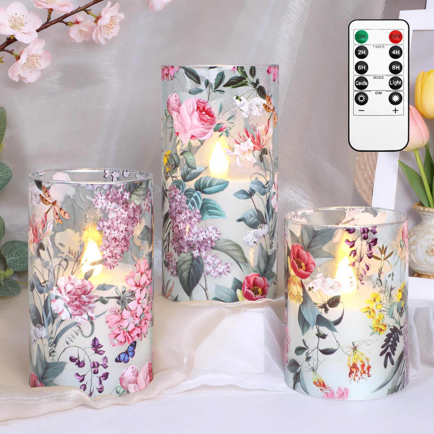 CRYSTAL CLUB Floral Glass Flameless Candles Battery Operated with Remote, Realistic LED Flickering Pillar Candle for Wedding, Home Decor