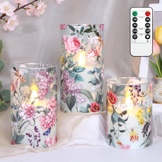 CRYSTAL CLUB Floral Glass Flameless Candles Battery Operated with Remote, Realistic LED Flickering Pillar Candle for Wedding, Home Decor