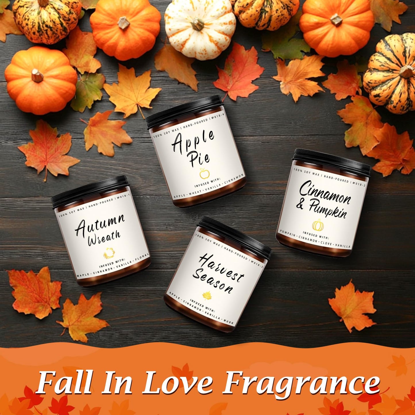 Auelife Fall Candle Set | 8 Pack Scented Candles for Home - Candle Gifts for Women Men, Soy Candles Home Scented | Autumn Fragrance of - Apple Pie/Cinnamon/Harvest/Wreath