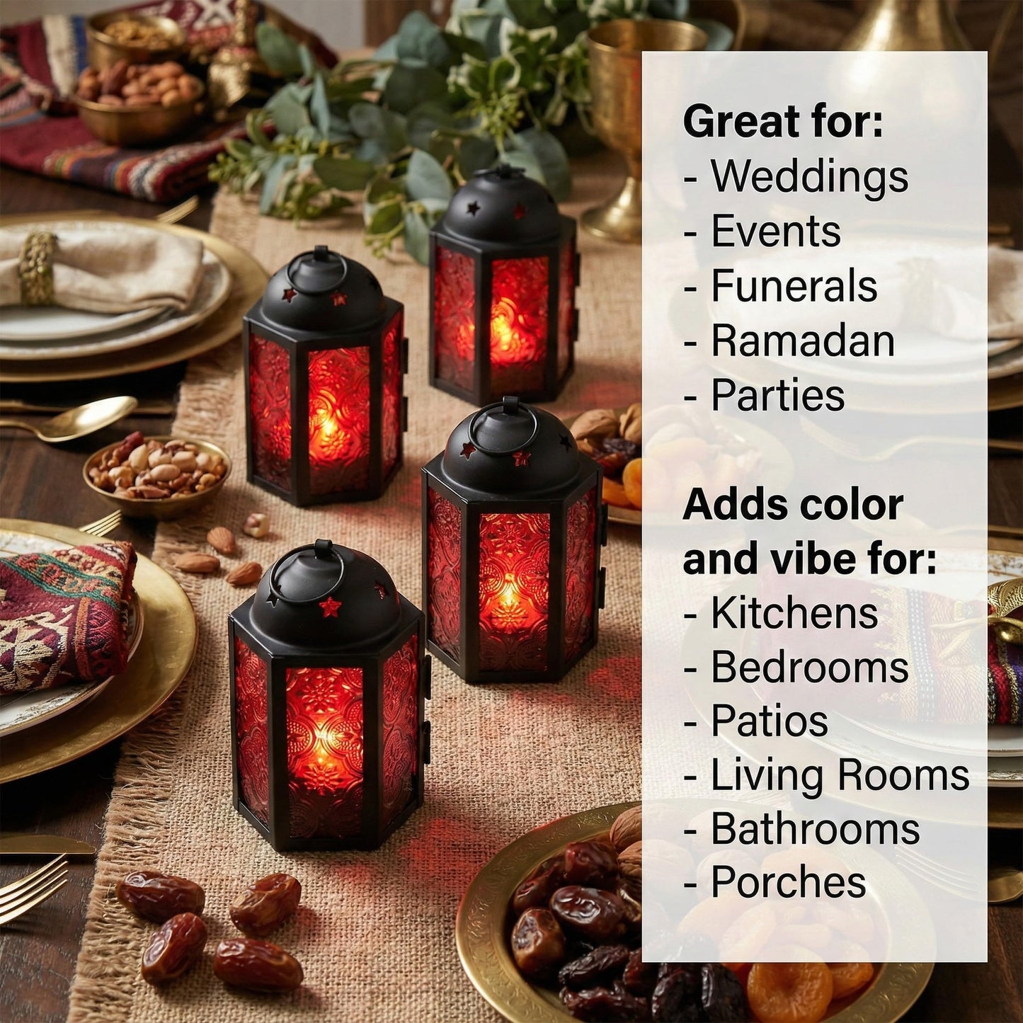 VELA LANTERNS Mini Moroccan Tea Light Candle Holder Lanterns – 4.25" Small Decorative Lantern for Table or Hanging, Metal with Glass Panels – Ramadan, Wedding, Home Decor, Ruby Red (Set of 4)