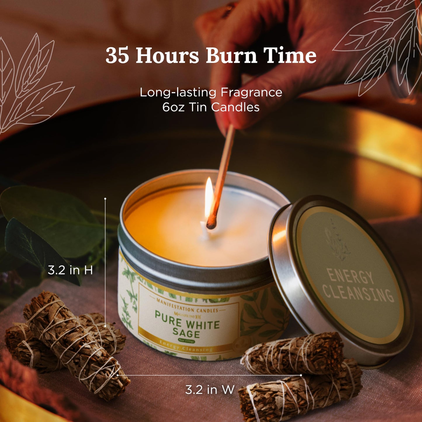 Magnificent 101 Long Lasting Pure White Sage Scented Candle - 6 oz - 35 Hour Burn - Natural Soy Wax Smudge for House Energy Cleansing, Positive Vibes & Manifestation
