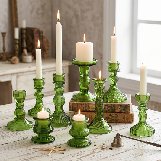 Mumufy 10 Pcs Glass Crystal Taper Candle Holders Clear Glass Candlestick Holder Fit 0.8 Inch Candles Crystal Decorative Candle Stand Centerpiece Table Wedding Dining Party (Classic,Green)