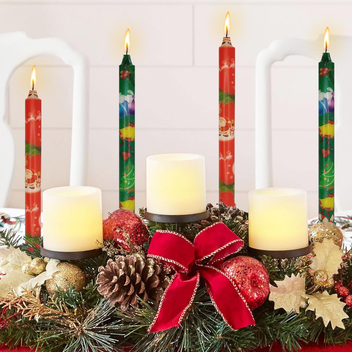 Taper Candles Christmas Printed Candlestick 4 PCS 10 inch Long Taper Candle Unscented Candlesticks Handmade Tapered Candles for Christmas Dinner Household Wedding Party Housewarming Home Décor Candles