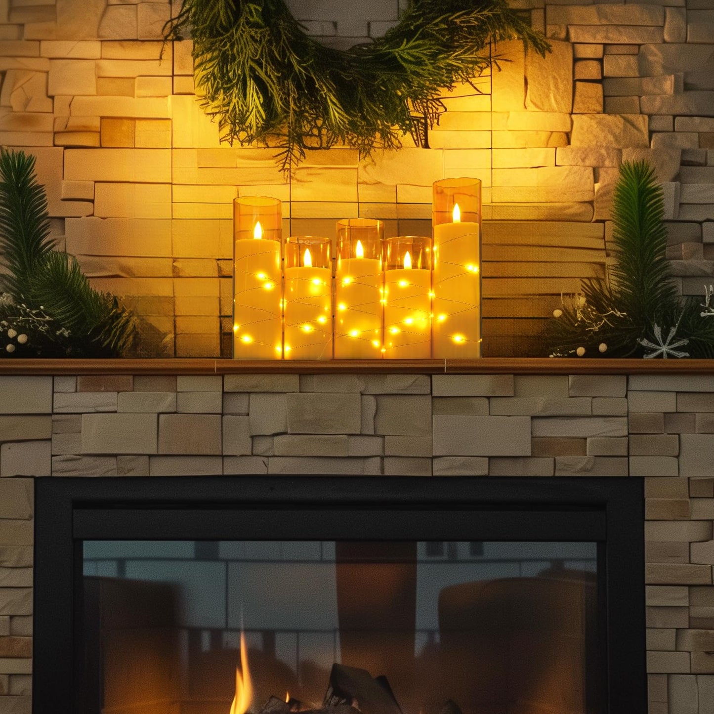 Homemory Flameless LED Candle with Embedded Star String Lights, Fake Candles with Remote Control & Timer, Battery Operated Candles, Amber, Set of 5
