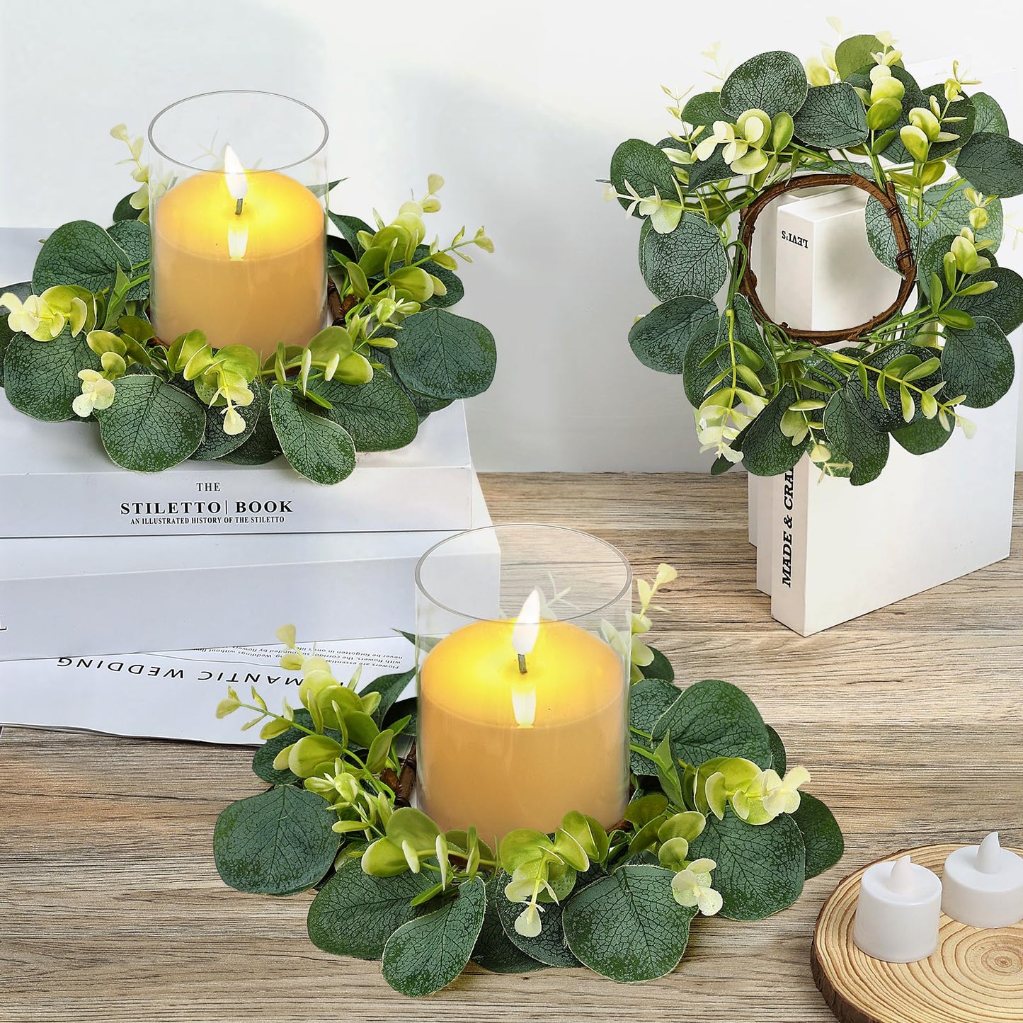Tobilu 20 PCS Eucalyptus Candle Rings Wreaths - Artificial Greenery Wreath Green Leaves Pillar Candle Holder for Tabletop Wall Farmhouse Wedding Table Centerpieces Kitchen Home Decor