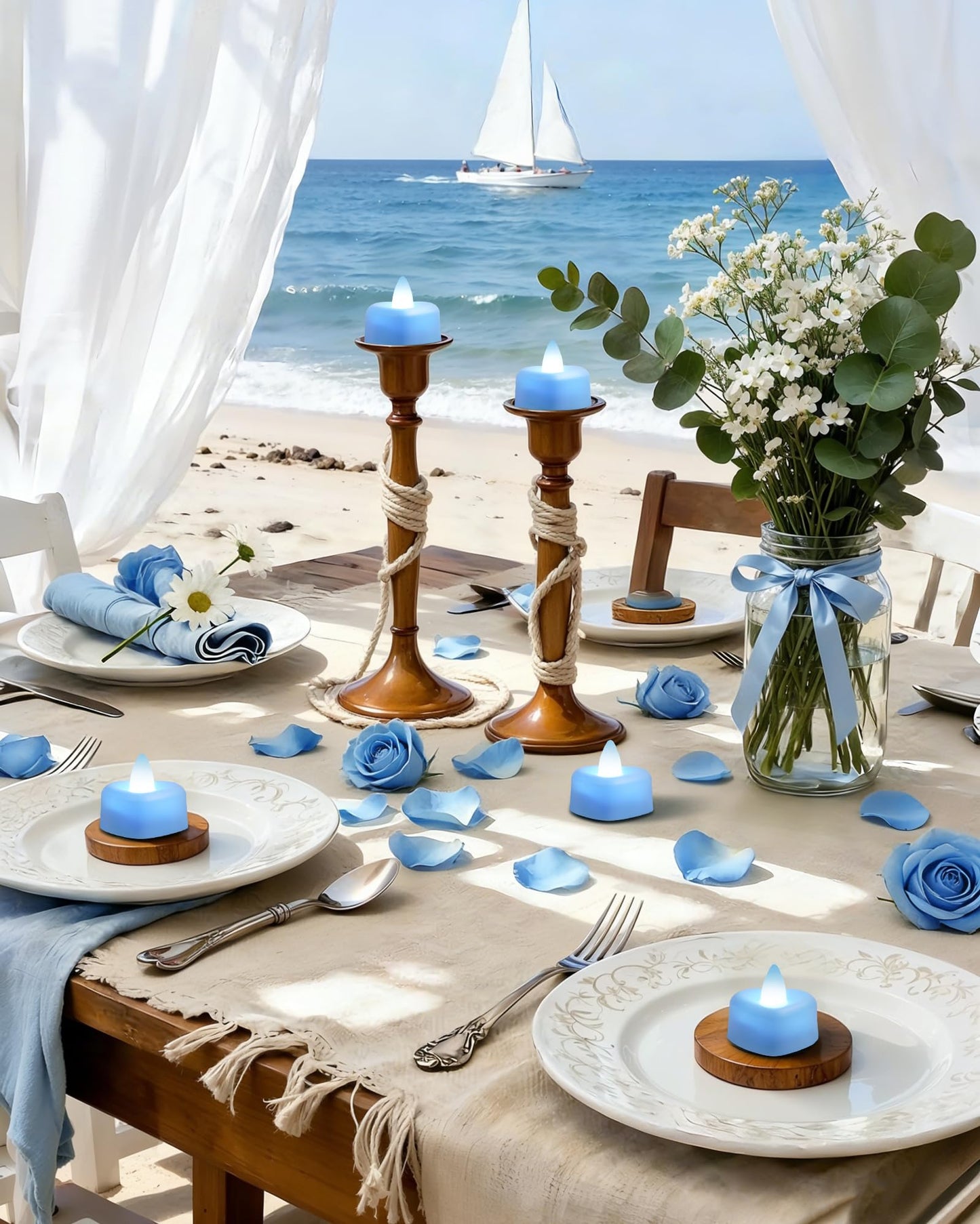 Amagic 2000 Pieces Light Blue Artificial Rose Petals with 24 Light Blue LED Tea Lights, Rose Petals and Candles Set for Proposal, Anniversary, Romantic Night, Wedding Decor