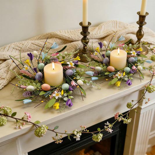 6 Pcs Easter Small Candle Rings Wreaths Mini Pillar Candle Holder Wreath with Eggs and Flowers Artificial Spring Yellow Berries Wreath for Home Kitchen Front Door Window Porch Wall Table Cnterpieces