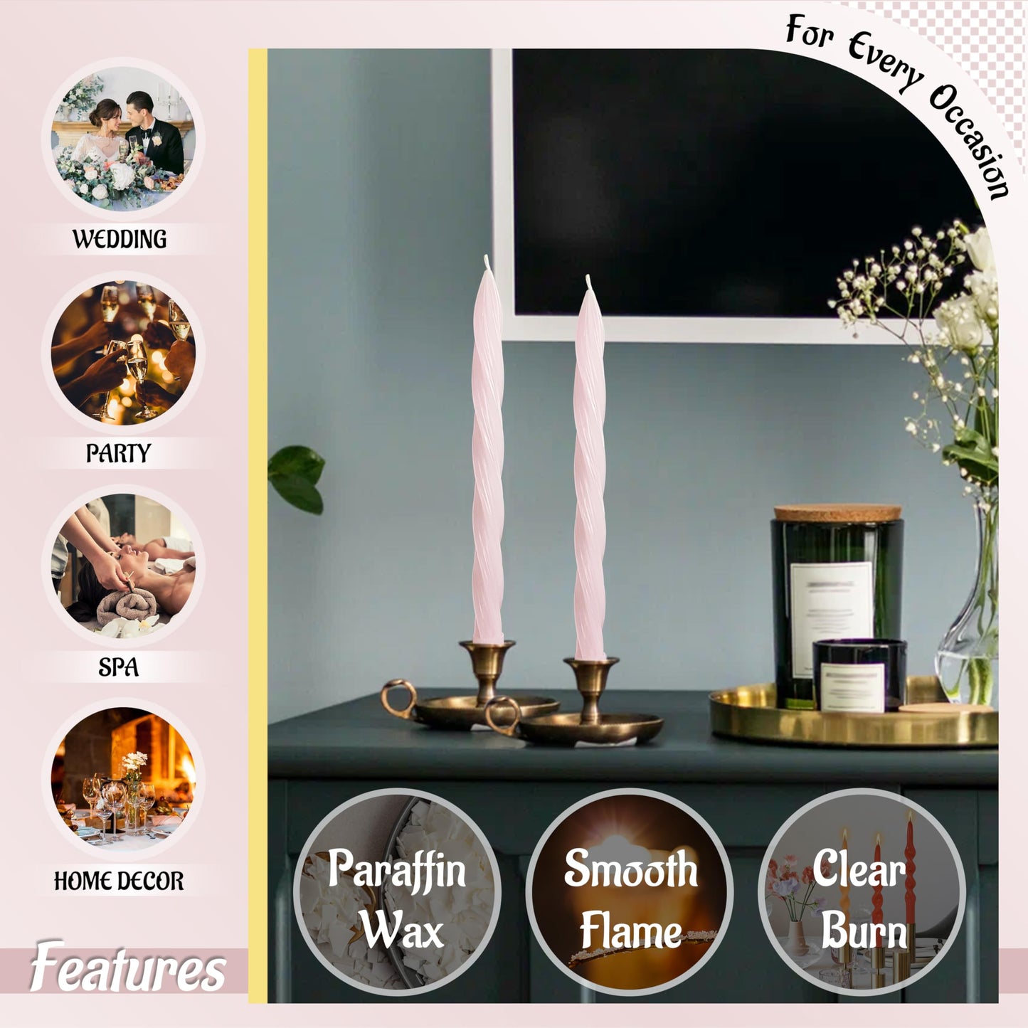 Taper Candle Pink Spiral Tapered Candles 10 Inch Smokeless Candlesticks Handmade Twisted Candle Stick 2 PCS for Holiday Wedding Home Decor Gifts