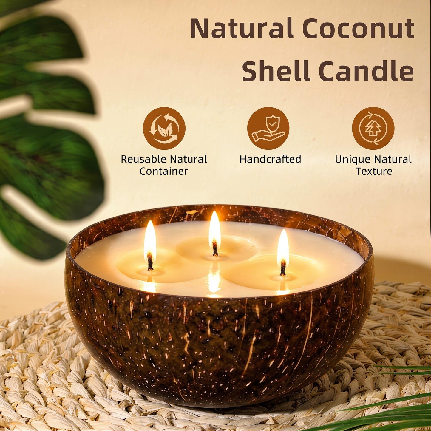 Viyffo 18oz Large Citronella Candles Outdoor, 3 Wick Citronella Candle, Natural Coconut Shell Jar, Non Toxic Soy Candle for Patio, Backyard, Deck & Camping, Rustic Decor Gift (with Fireproof Mat)