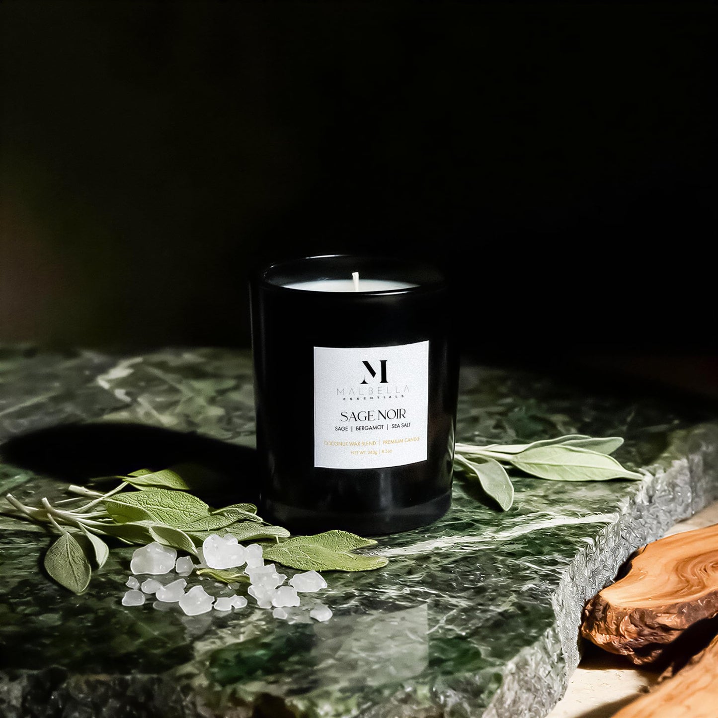 Malbella Essentials Sage Noire Luxury Scented Candle for Women & Men | 8.5 oz Hand-Poured Coconut Wax Blend | Modern Self-Care Aromatherapy Candle | 50 Hr Burn | Gift-Ready Glossy Glass Vessel