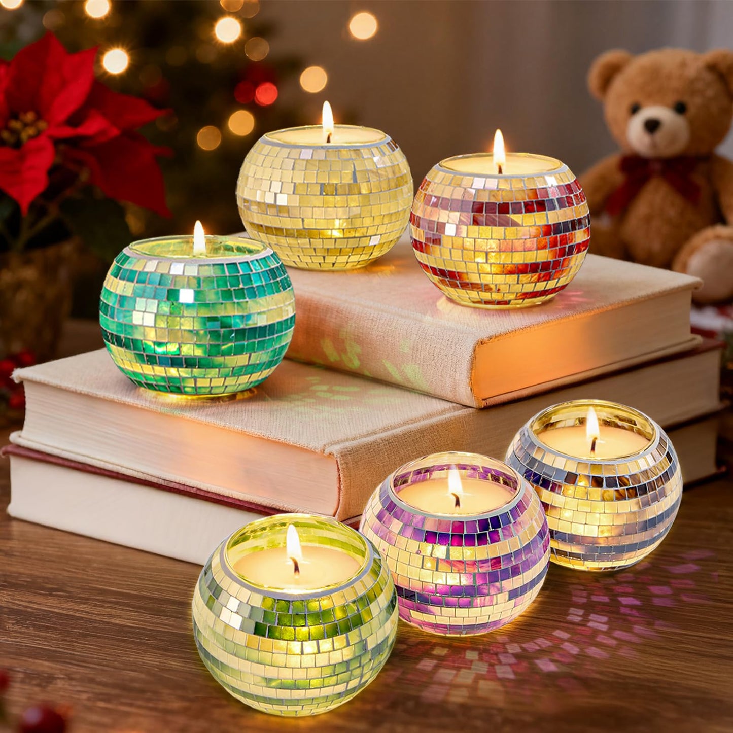 SOUJOY 6 Pack Votive Candle Holder, Handmade Mosaic Glass Tealight Holders, Diwali Decorative Scented Candle Bowl for Valentine, Party, Christmas Table Centerpiece Decor