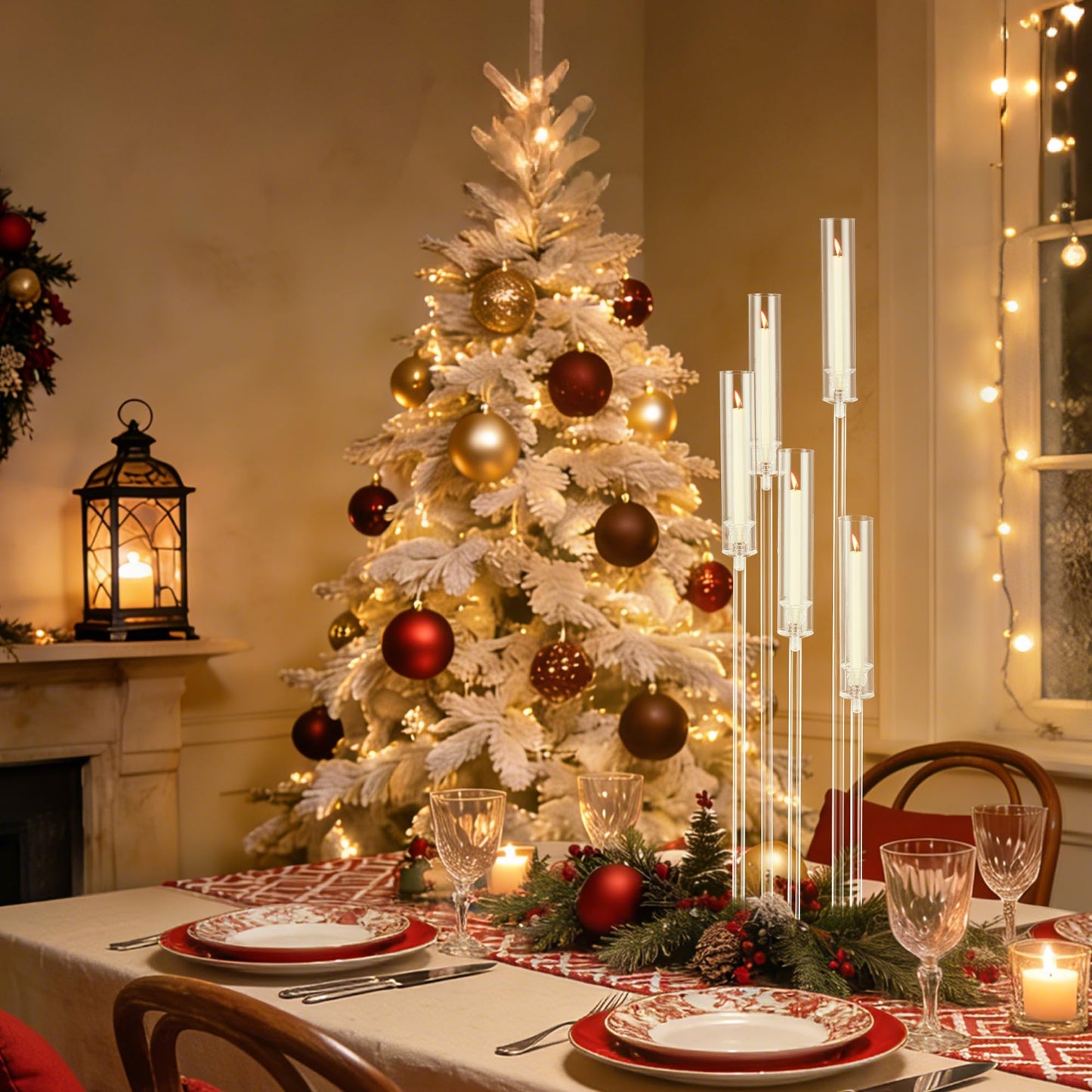1pcs 45.7in Tall 5 Arm Acrylic Candelabra Centerpieces with Acrylic Shade for Table and Floor, Clear Candle Holders for Wedding Ceremony Birthday Party Home Decoration Fit 0.8in Candles (No Candle)