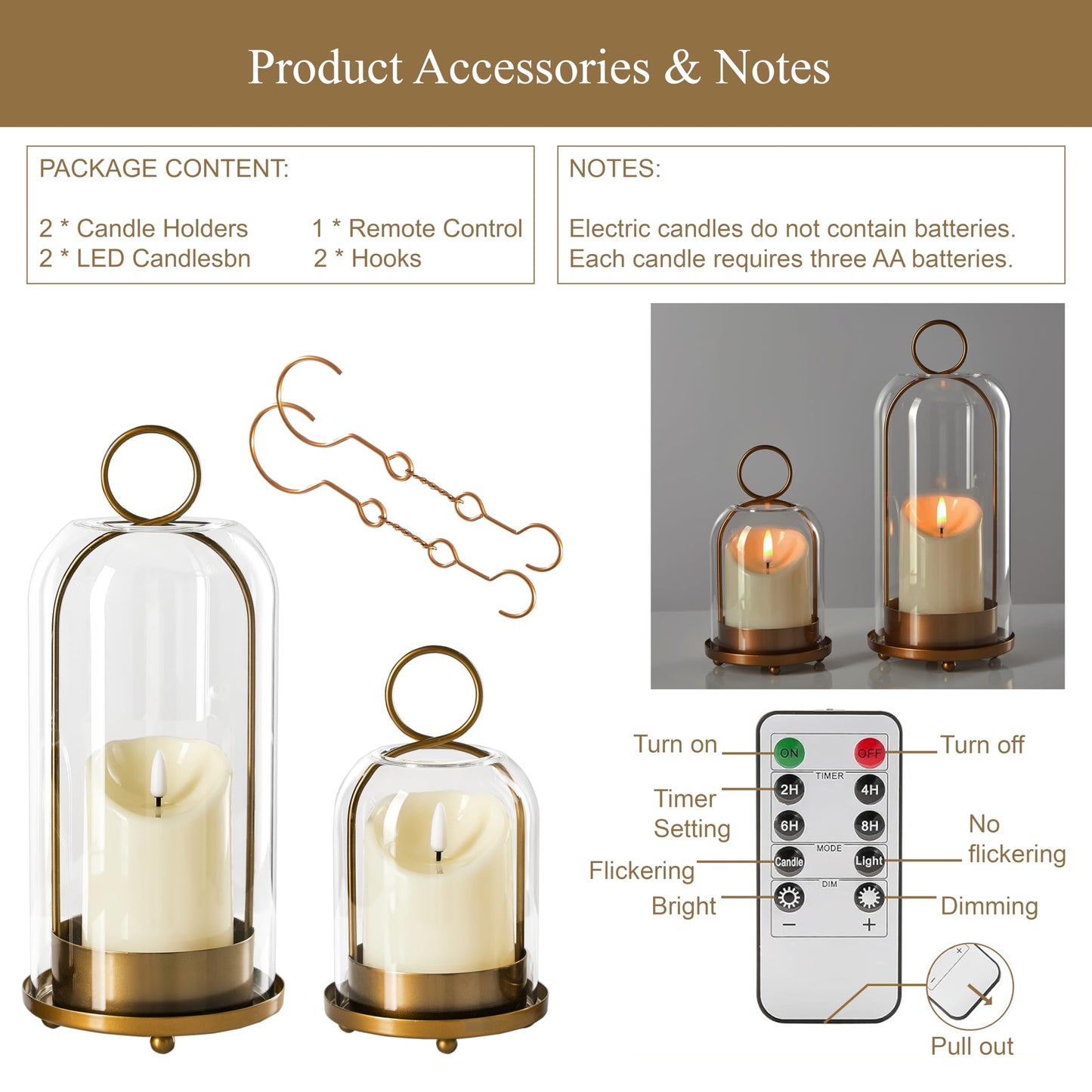 Ganwu 5"&4" Metal Candle Holder with Handmade Glass Dome in Brass & 2 Timer Candles, Set of 2 Versatile Hurricane Glass Candle Holders for Pillar Candles & Plants