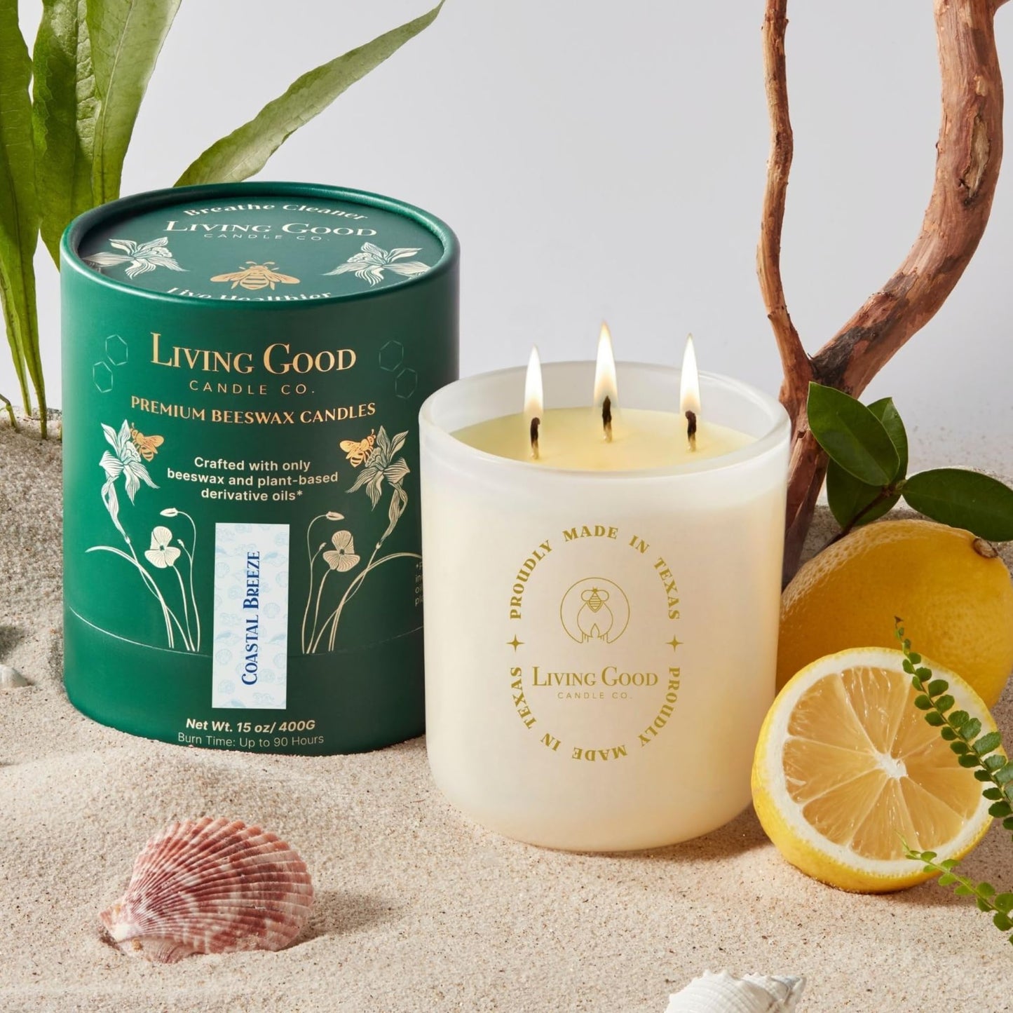 Coastal Breeze - Yuzu & Sea Salt Pure Beeswax Candle – 90+ Hours Long Burning Classically Designed Non-Toxic Scented Candles for Home Decor with Natural Fragrance 15 oz