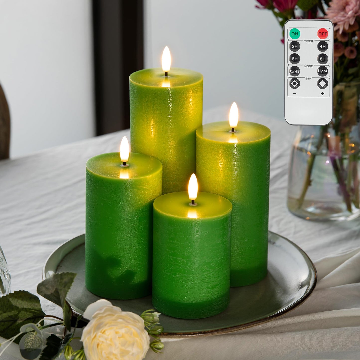 LUSHARBOR Green Flameless Candles, 4 Pack Battery Operated Candles for St. Patrick’s Day, Real Wax LED Fake Candles for Spring Decor Party Centerpiece Green