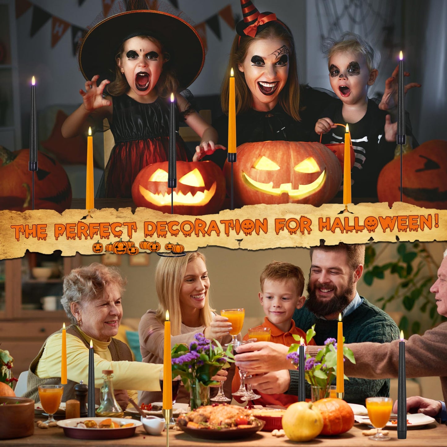 AFINETH Orange and Black Flameless Taper Candles Flickering, Real Wax Halloween Candles with 2 Remote & Timer, Battery Operated Halloween Led Candle for Party Home Decor 6 Pack