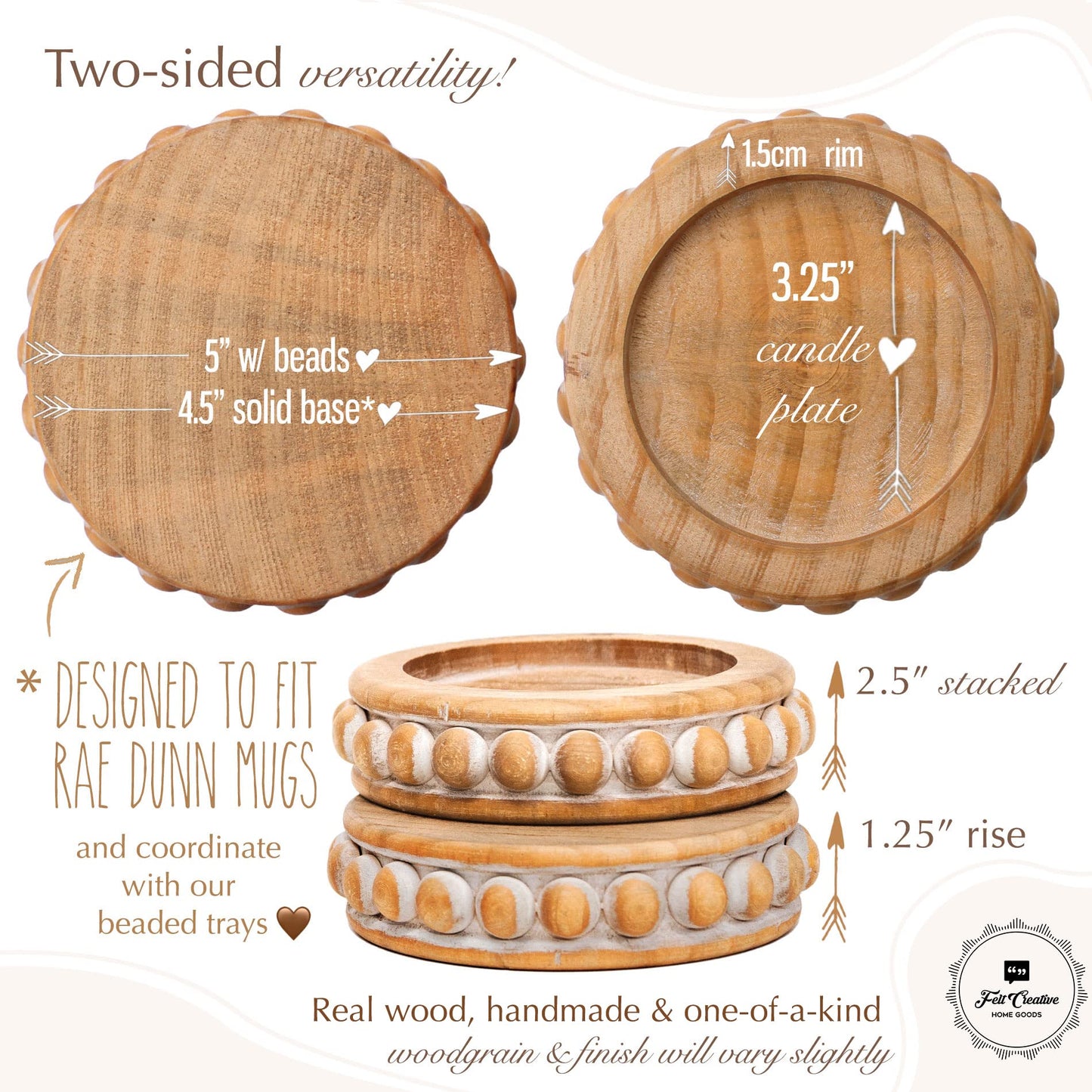 Candle Pedestal [Set of 2] Round Rustic Wood Beaded Risers - Sturdy 2-Sided Stackable Decor Pedestal Stands for Tiered Tray, Candle, Mug Display, Risers Display Stands (Rustic Brown, 5 inch)