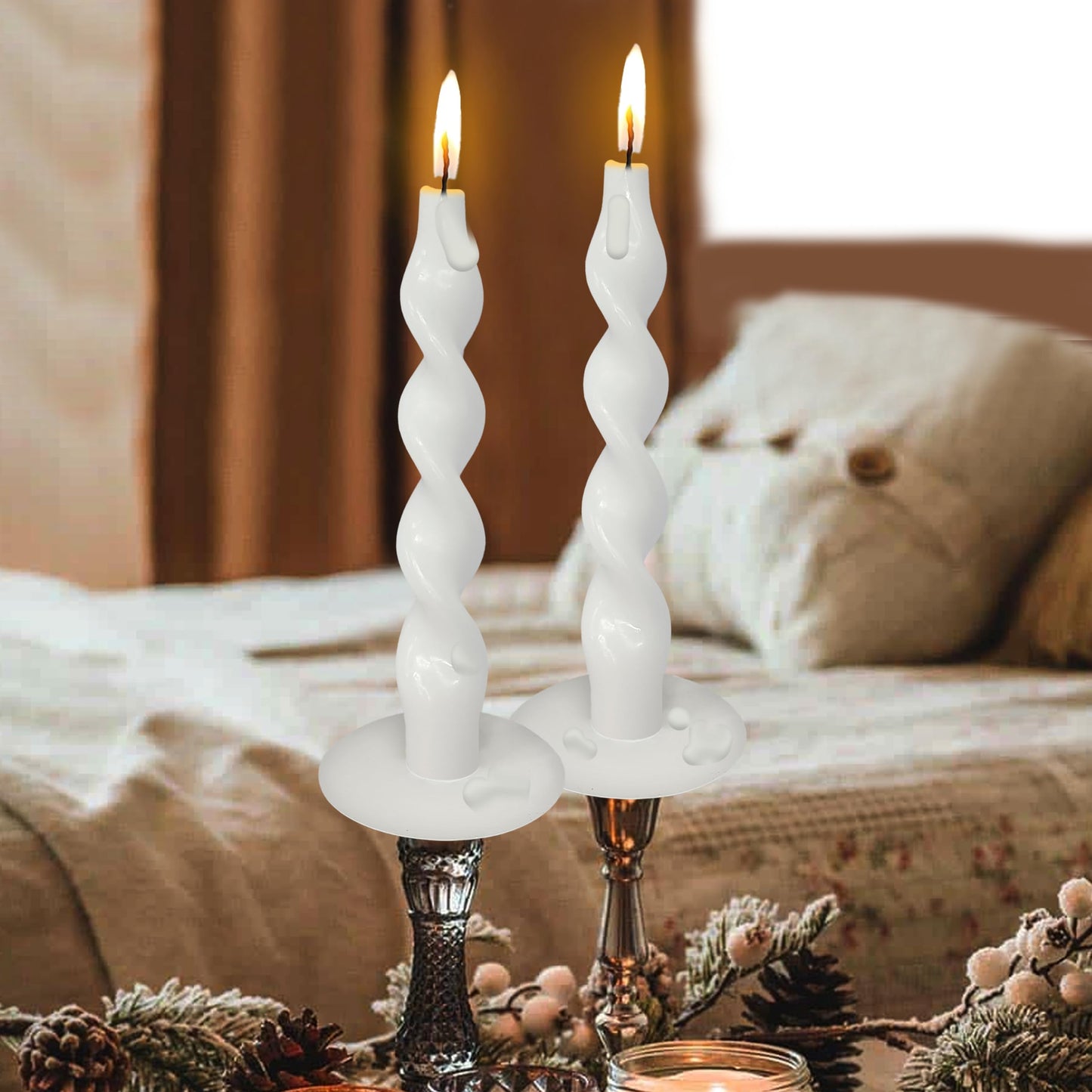 Spiral Taper Candles Twisted Candlesticks Tall White Unscented Smokeless Odorless Candle Sticks with Candle Drip Tray for Home Decoration Holiday Wedding Party