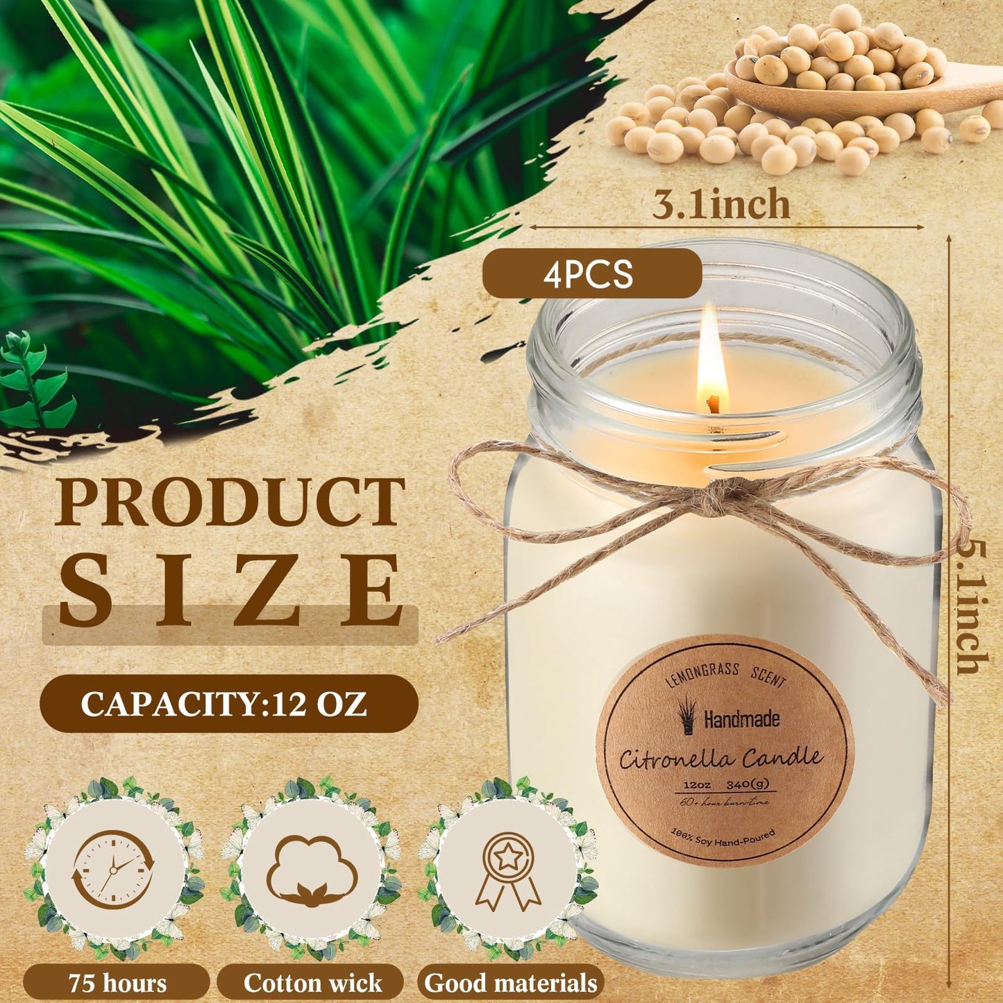 MTLEE 4 Pcs Citronella Candles Outdoor 12 oz Citronella Scented Jar Candles Decorative with Silver Lid for Outdoor Patio Deck Backyard Camping