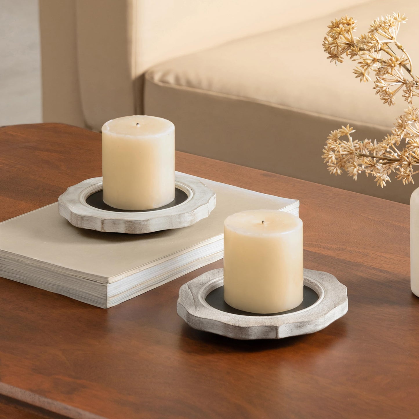 JFY Designs Hand Carved Solid Wood Candle Centerpiece Set of 2 - Pillar Candle Holders Decorative Candlestick Holder for Home Décor, Wedding, Dinning, Party