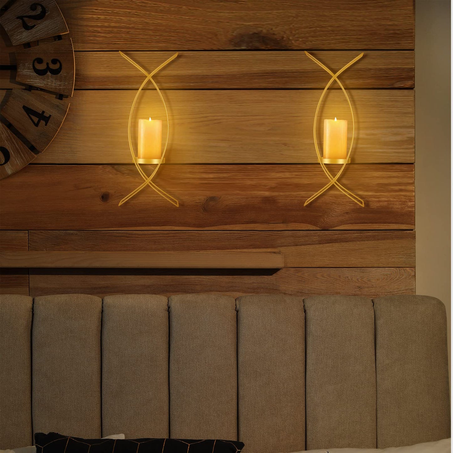 Vesici Candle Sconces Set of Two Metal Wall Candle Holder Wall Mounted Sconces Decorative Iron Holder for Living Room Bedroom Dining Room Decorations(Gold)