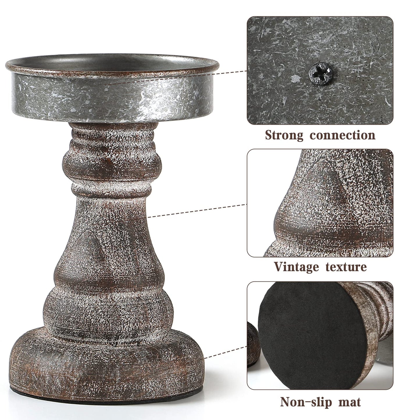 Distressed Wood & Metal Candle Holder, Set of 2 Modern Farmhouse Candlestick Holder, Farmhouse Table Decor, Rustic Decor for Mantel, Dining Table, Coffee Bar Centerpiece