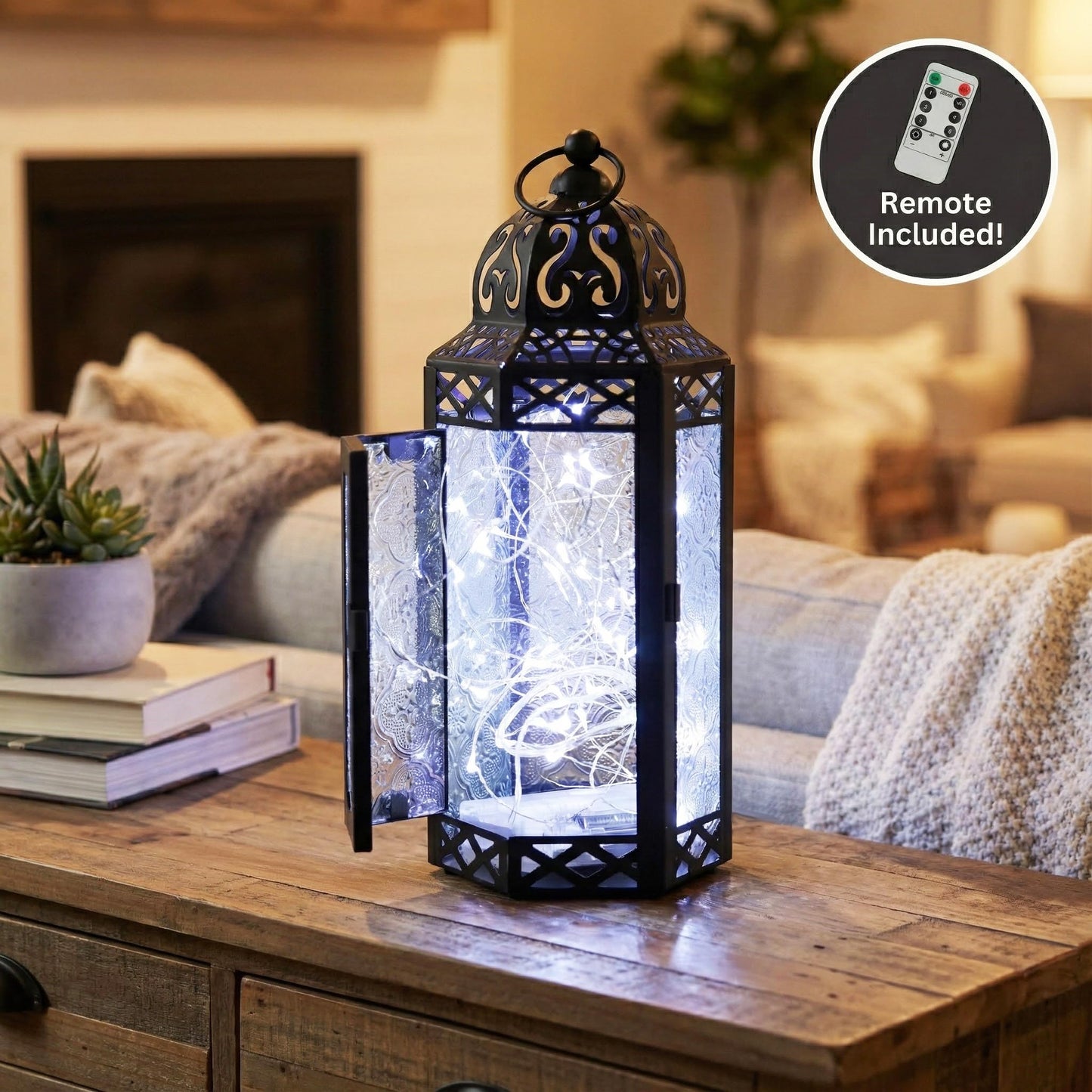 Vela Lanterns Decorative Indoor Moroccan Candle Holder & LED Fairy Lights -Twinkle Turkish Lamp, Fantasy Home Decor Table Centerpieces, Hanging Outdoor Patio Porch Wedding Ramadan (10.5", Clear)