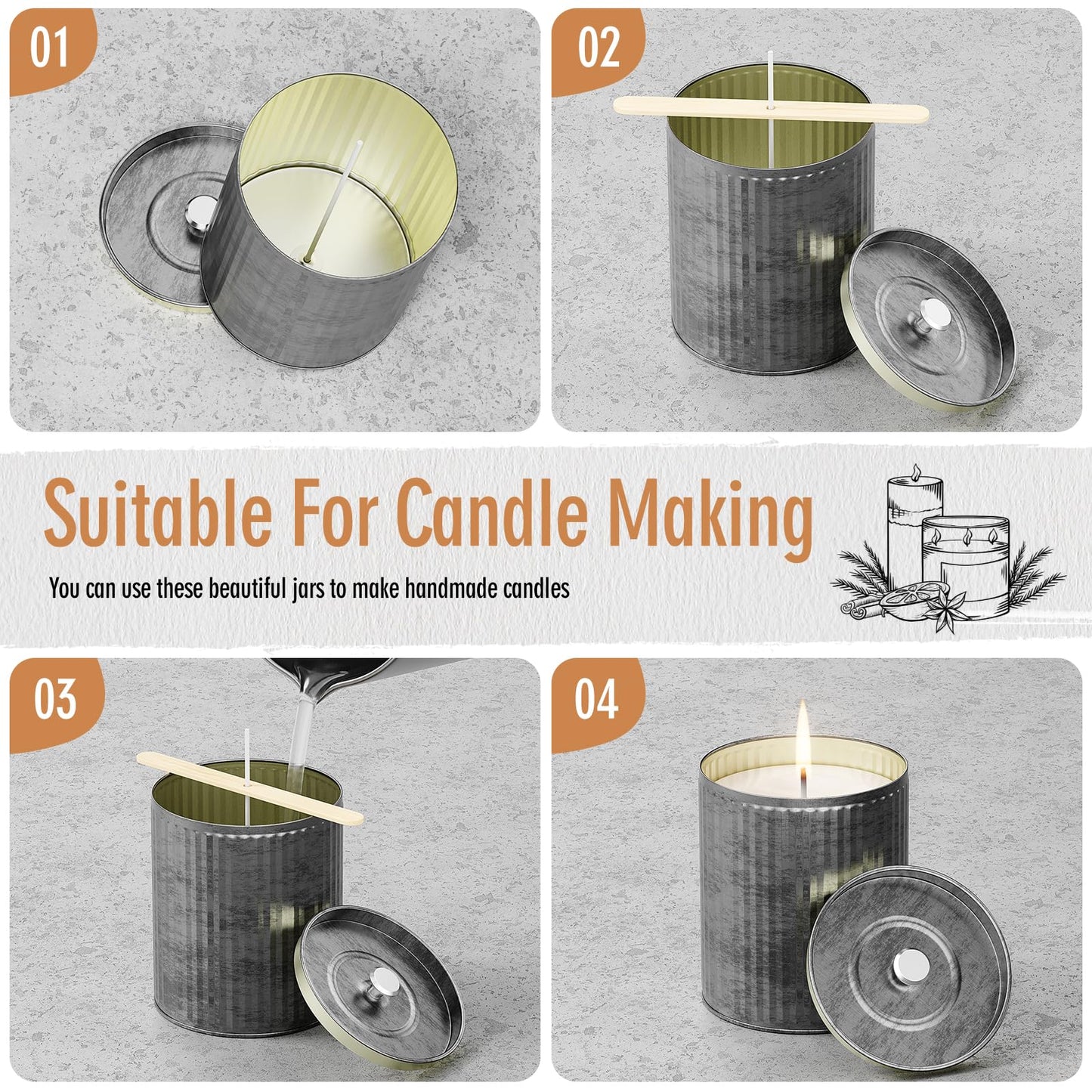 Domivirgo Empty Candle Tins for Making Candles, 10oz Vintage Style Candle Jars, Candle Containers with lid (Silver)