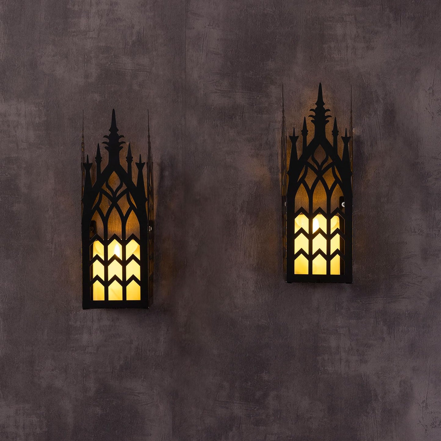 AIM & GGKK Wall Candle Sconce Holder,Set of 2 Gothic Cathedral Wall Sconce with Window Design,Black Metal Wall Mount Candle Holder for Living Room, Dining Room,Rustic Farmhouse Decorations