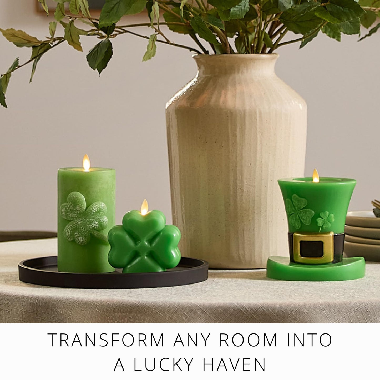Luminara Lucky Green Shamrock Pillar Candle - Flickering Real-Flame Technology - Flameless LED - Remote Ready - St. Patrick's Day - 3.4" x 6.5"