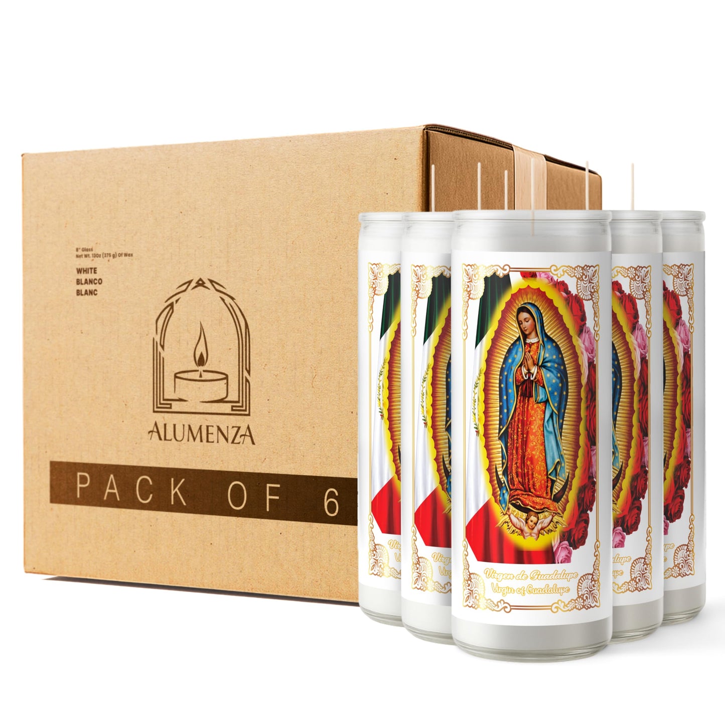 Alumenza 6 Pack Virgen de Guadalupe Candle in Glass Jar 90 Hours– Paraffin Wax, Clean Burning Unscented | Large & Tall Devotional Prayer Pillar Candles for Home, Memorial, Rituals