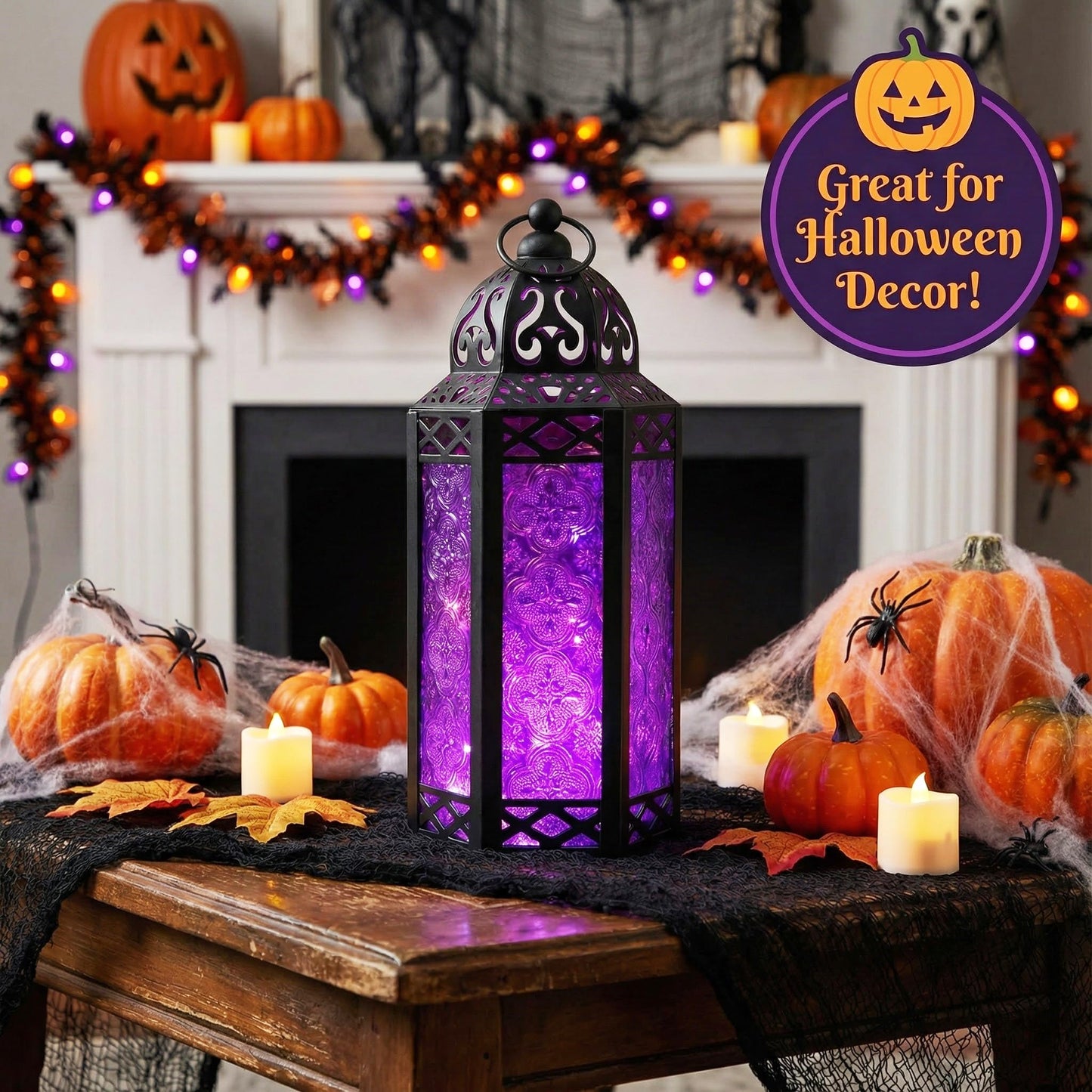 Vela Lanterns Purple Decor Candle Holder, Gothic Lamp with Fairy Lights, Fantasy Decorative Moroccan Lantern, Witchy Whimsigoth Home Decor, Metal Hanging Halloween Spooky Vampire Room Light