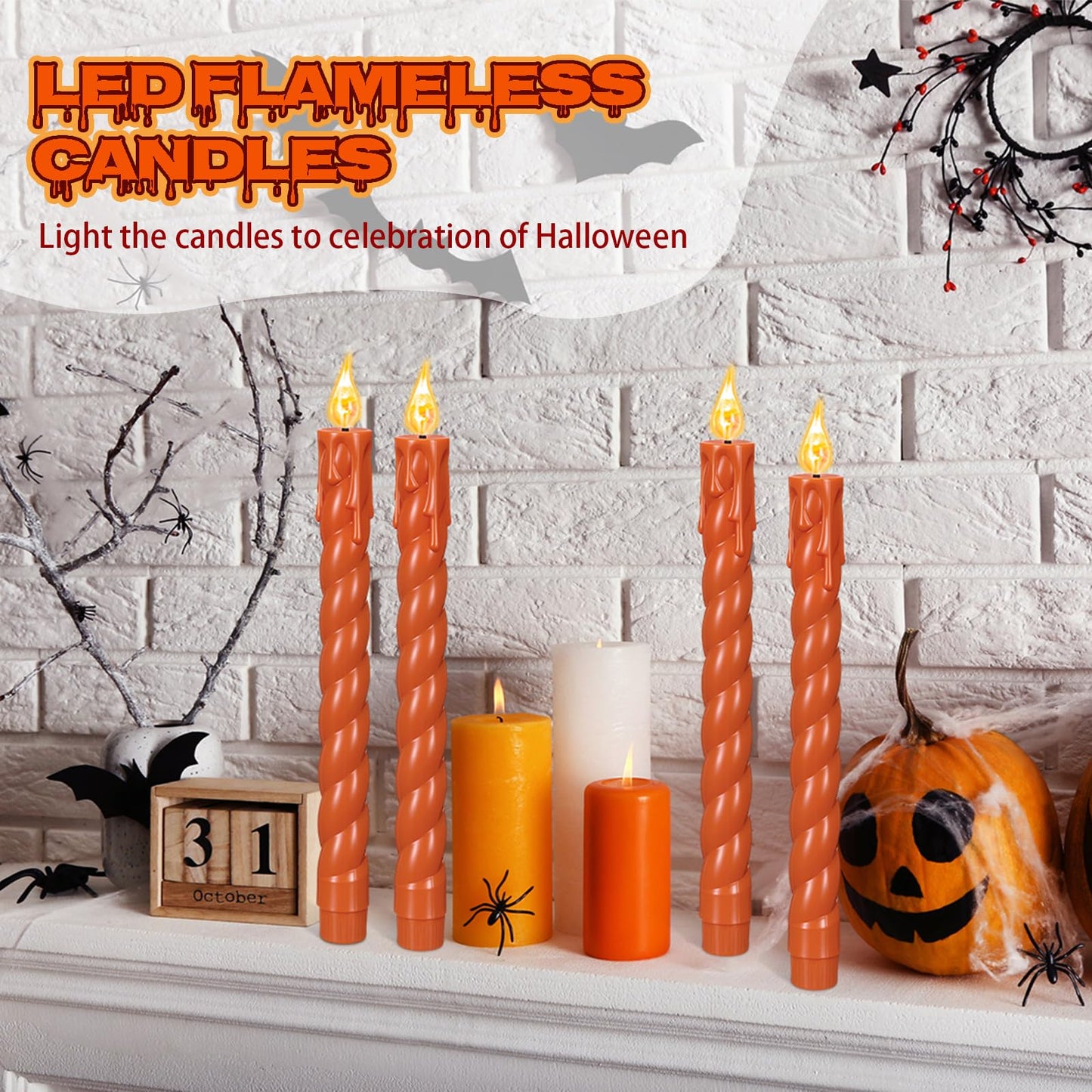 CHENGU 12 Pcs LED Taper Candles Flameless Battery Dripless Dinner Candles for Thanksgiving Day, Weddings, Church, Hanukkah, Christmas, Autumn, New Year Celebration(Spiral Orange,Spiral)