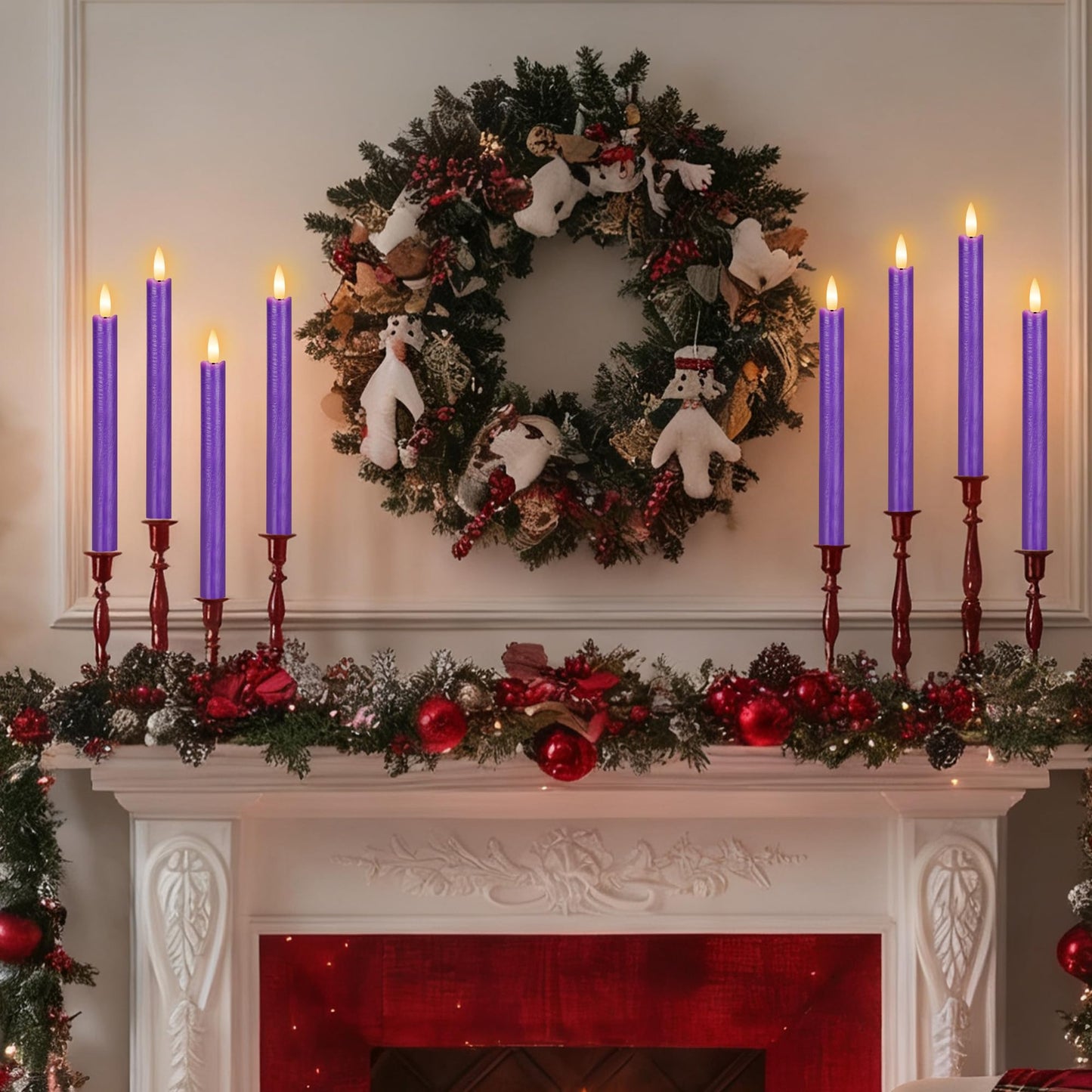 SEHNSY Purple Flameless Taper Candles with Remote, 3 Pack Flickering LED Candlesticks, Real Wax Battery Operated Christmas Window Candles for Winter Home Holiday Decoration